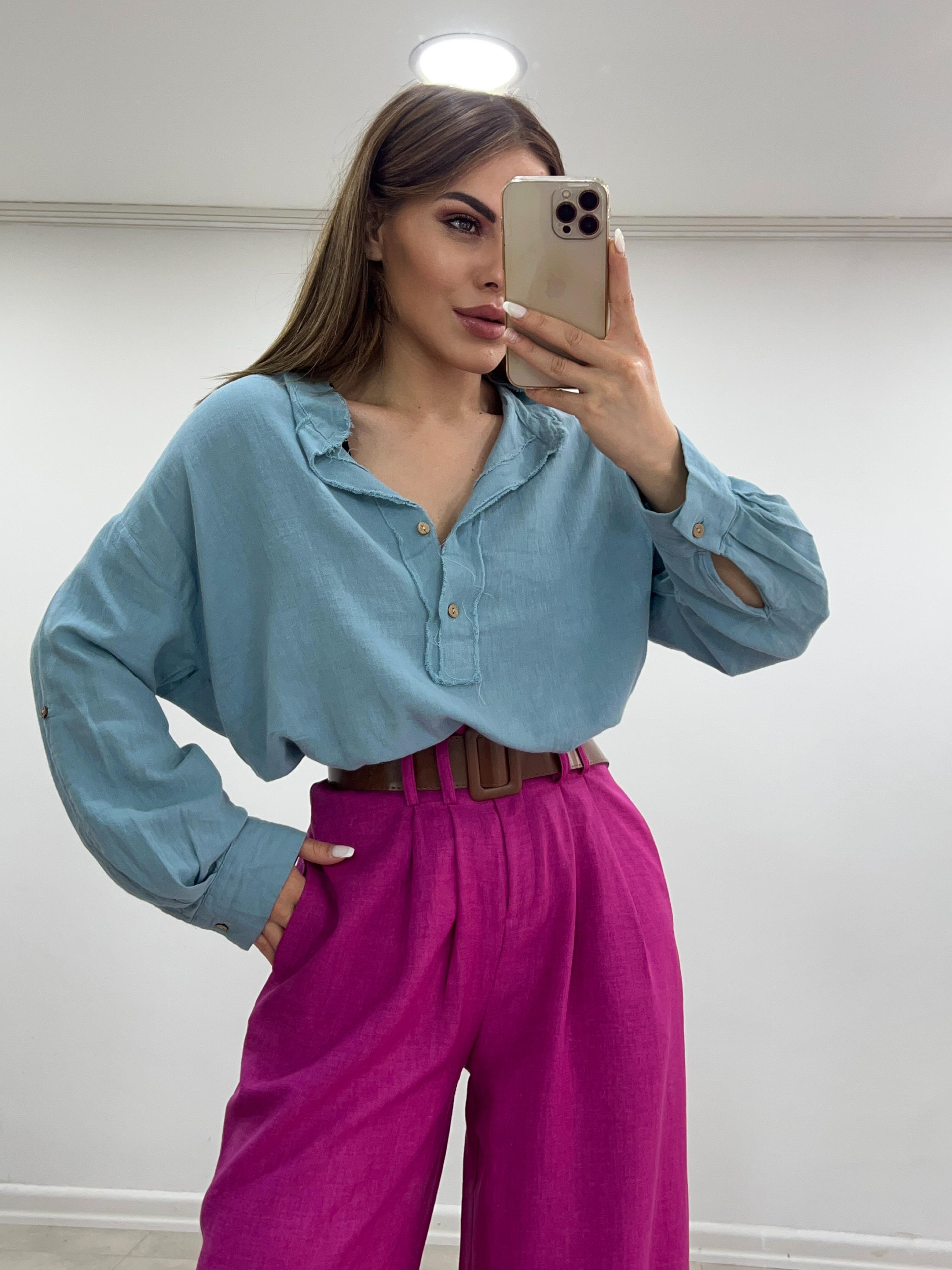 MAVİ HAKİM YAKA  KETEN GÖMLEK