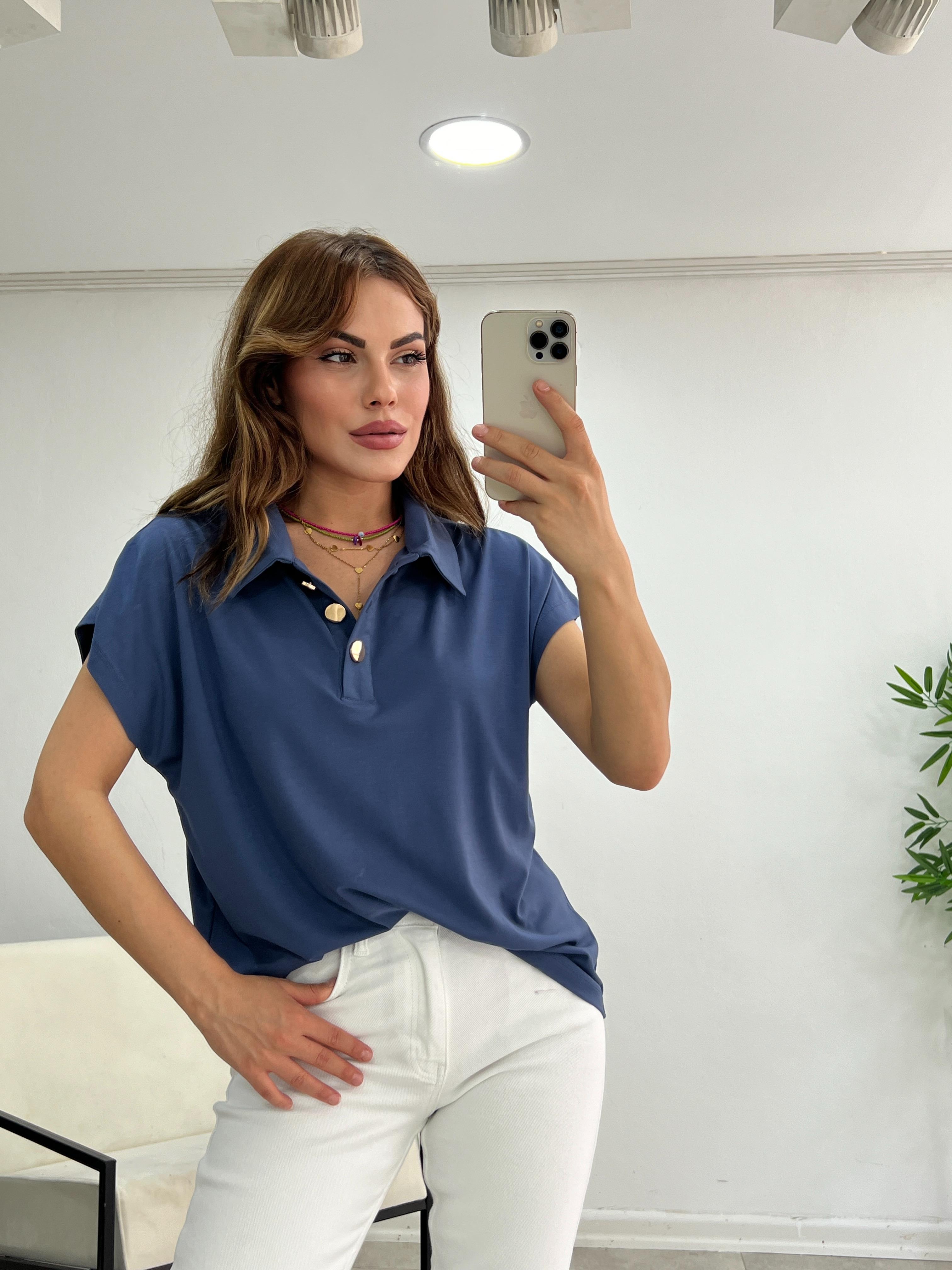 MODAL KUMAŞ GOLD DÜĞMELİ TSHİRT İNDİGO MAVİ