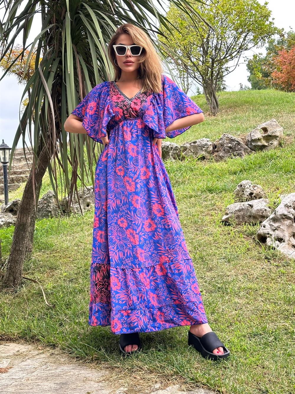 MOR DESENLİ TASARIM SATEN ELBİSE