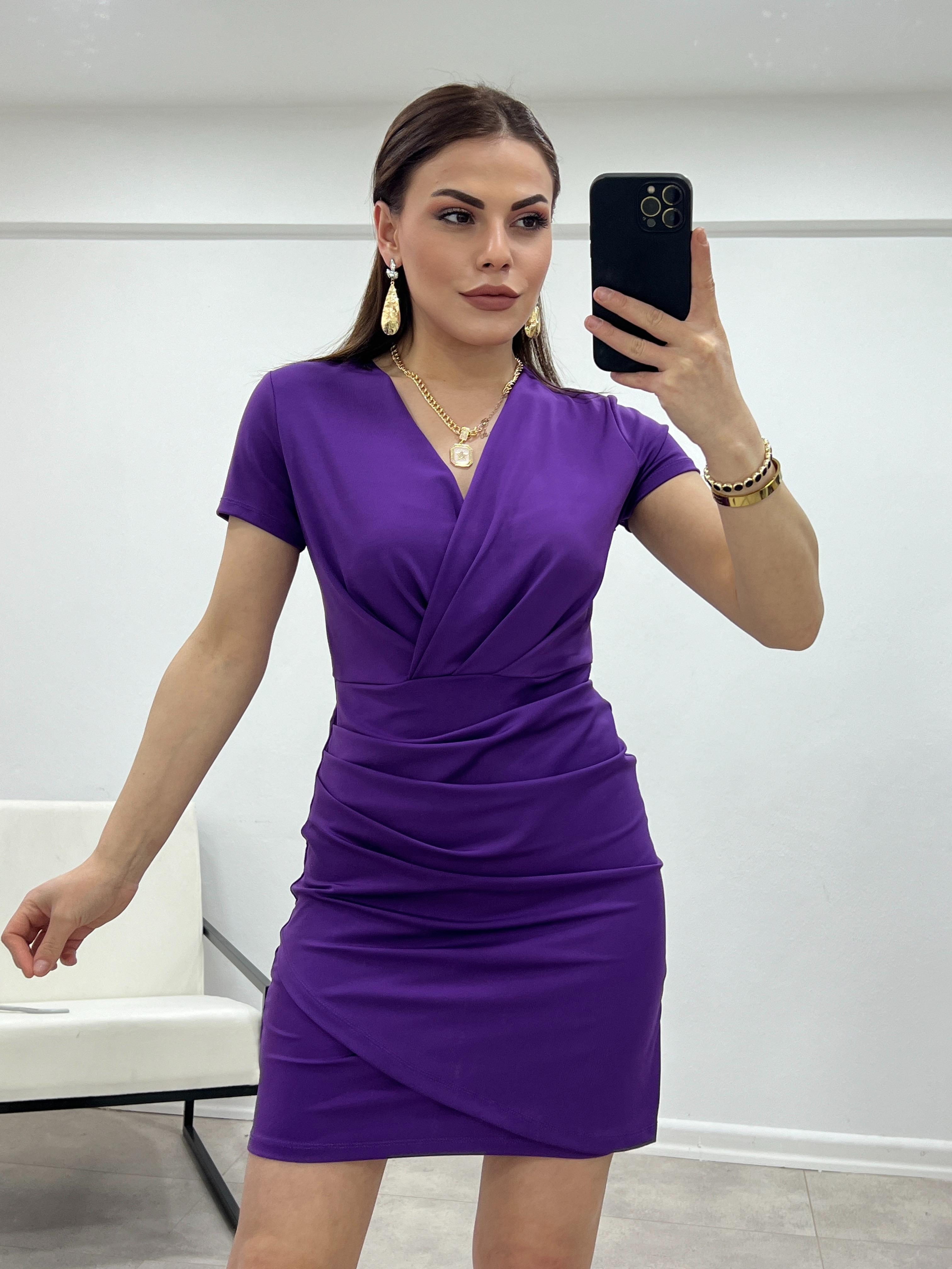 MOR JARSE KUMAŞ DRAPELİ ELBİSE