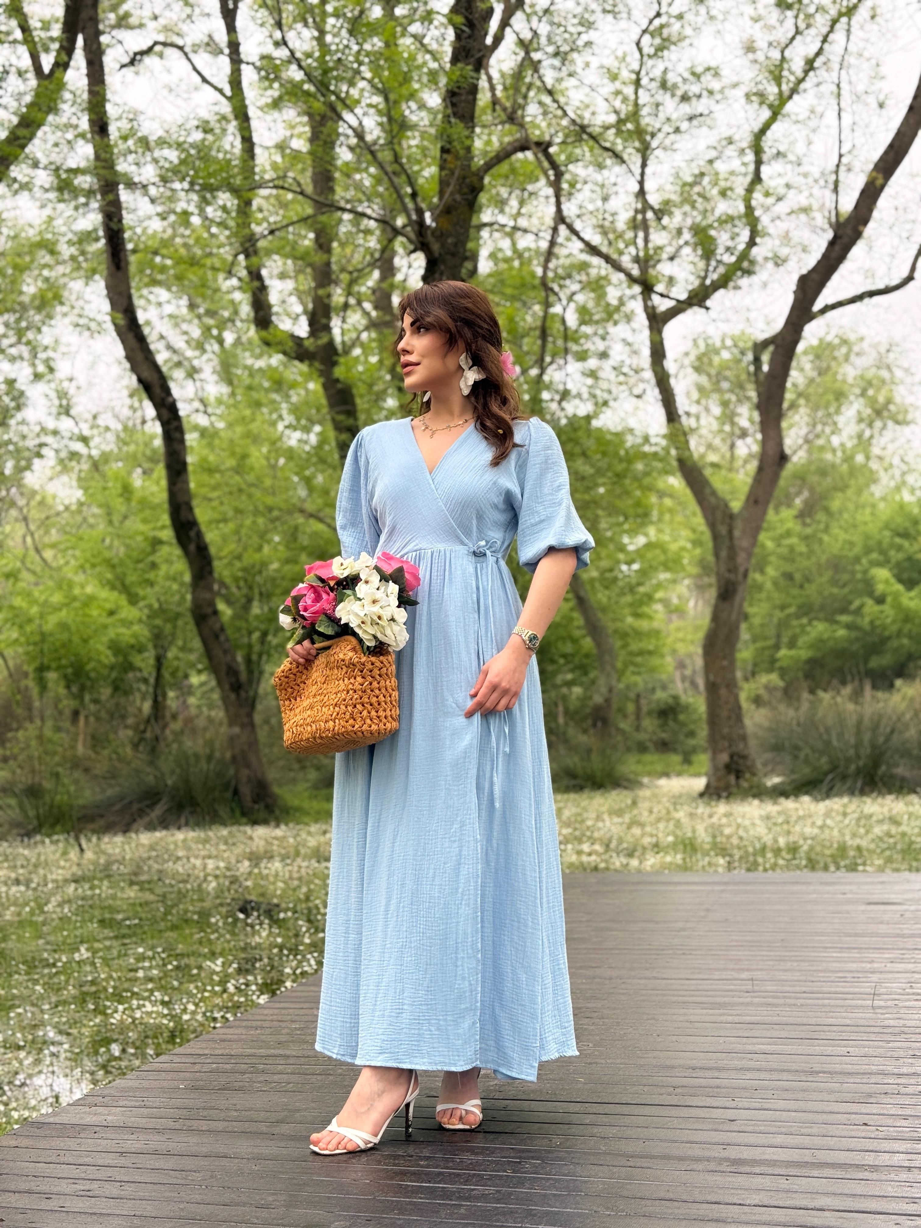 MÜSLİN KETEN UZUN ELBİSE mavi