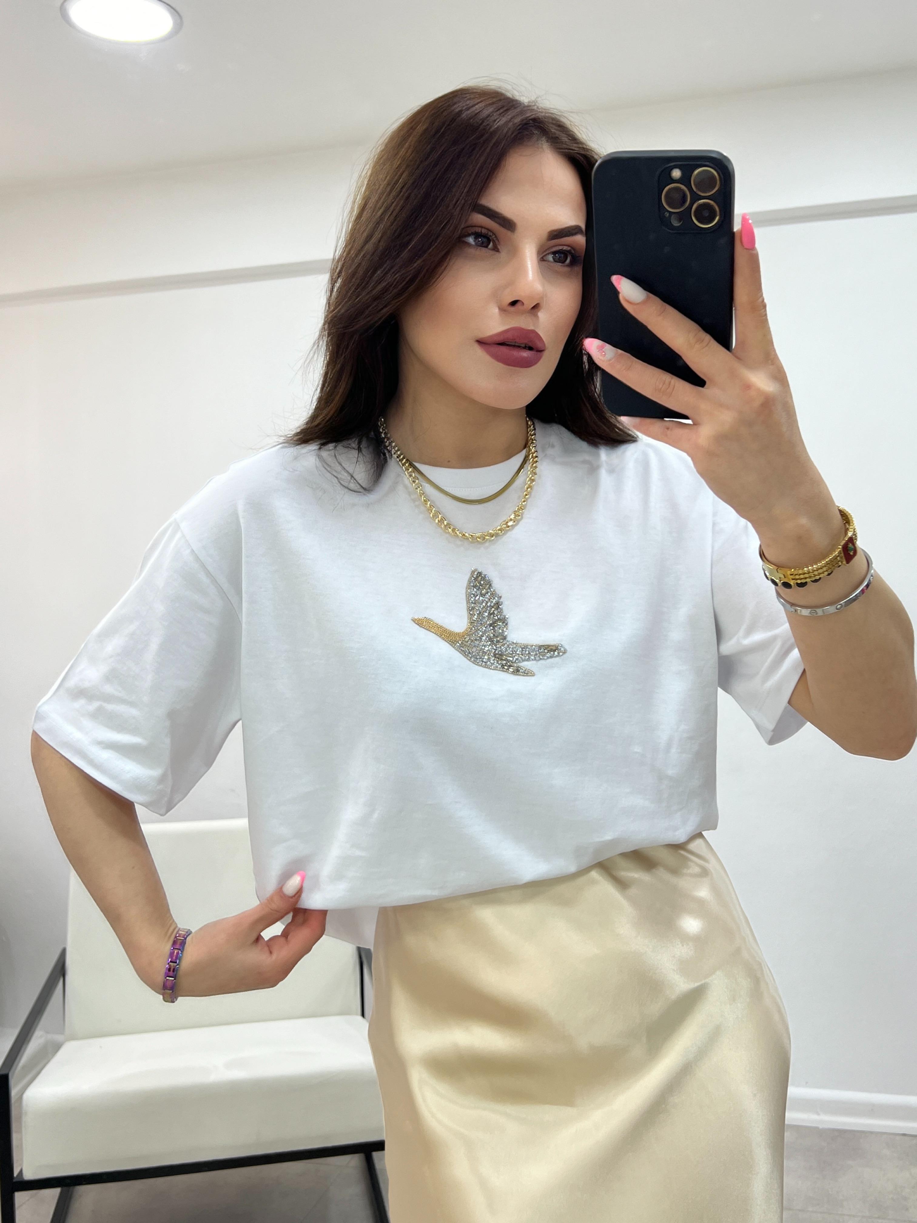 O.MARKA GOLD TAŞLI BEYAZ TSHİRT