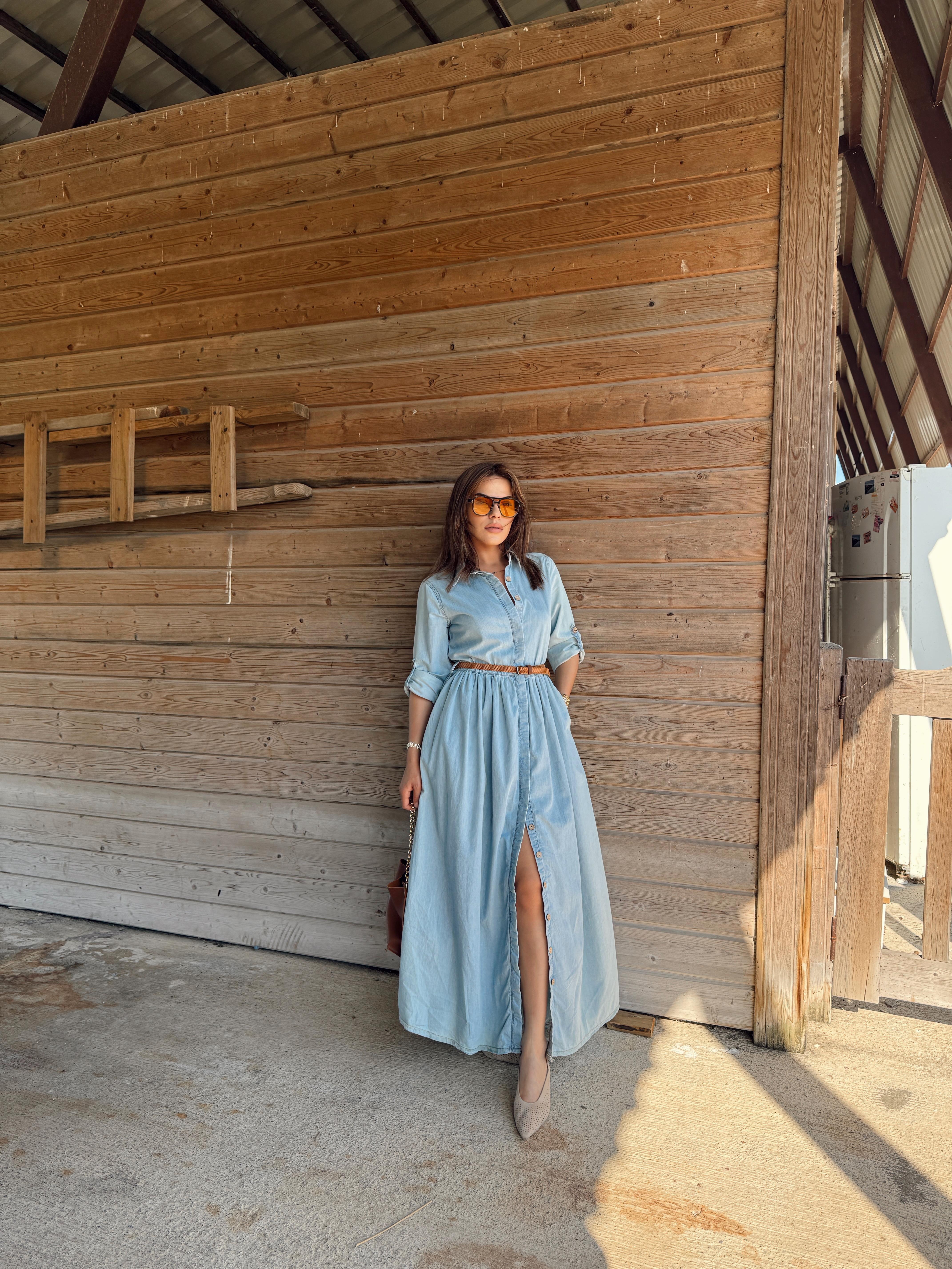 ÖNDEN DÜĞMELİ KEMERLİ UZUN KOL DENİM ELBİSE MAVİ