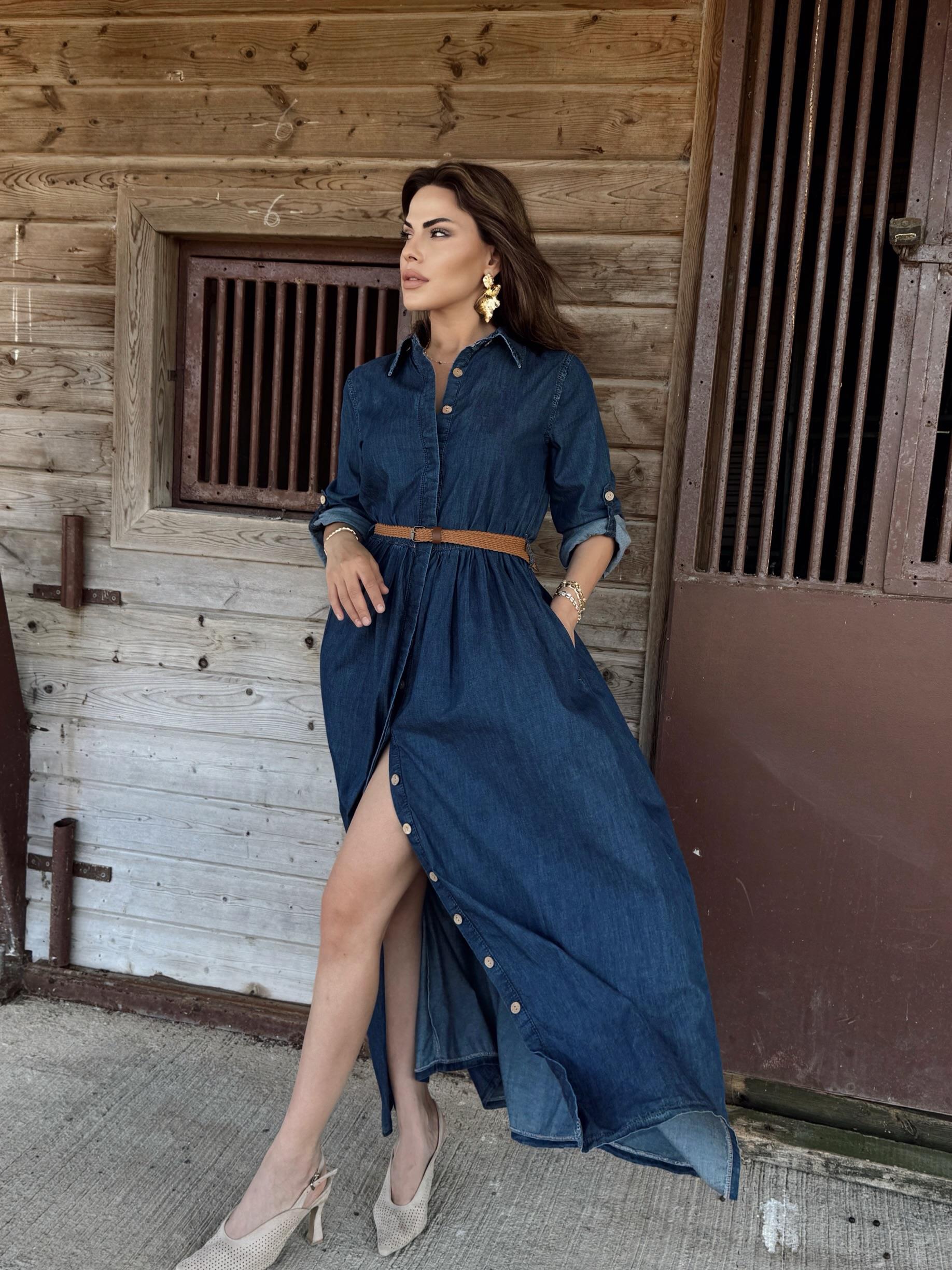 ÖNDEN DÜĞMELİ KEMERLİ UZUN KOL DENİM ELBİSE LACİVERT