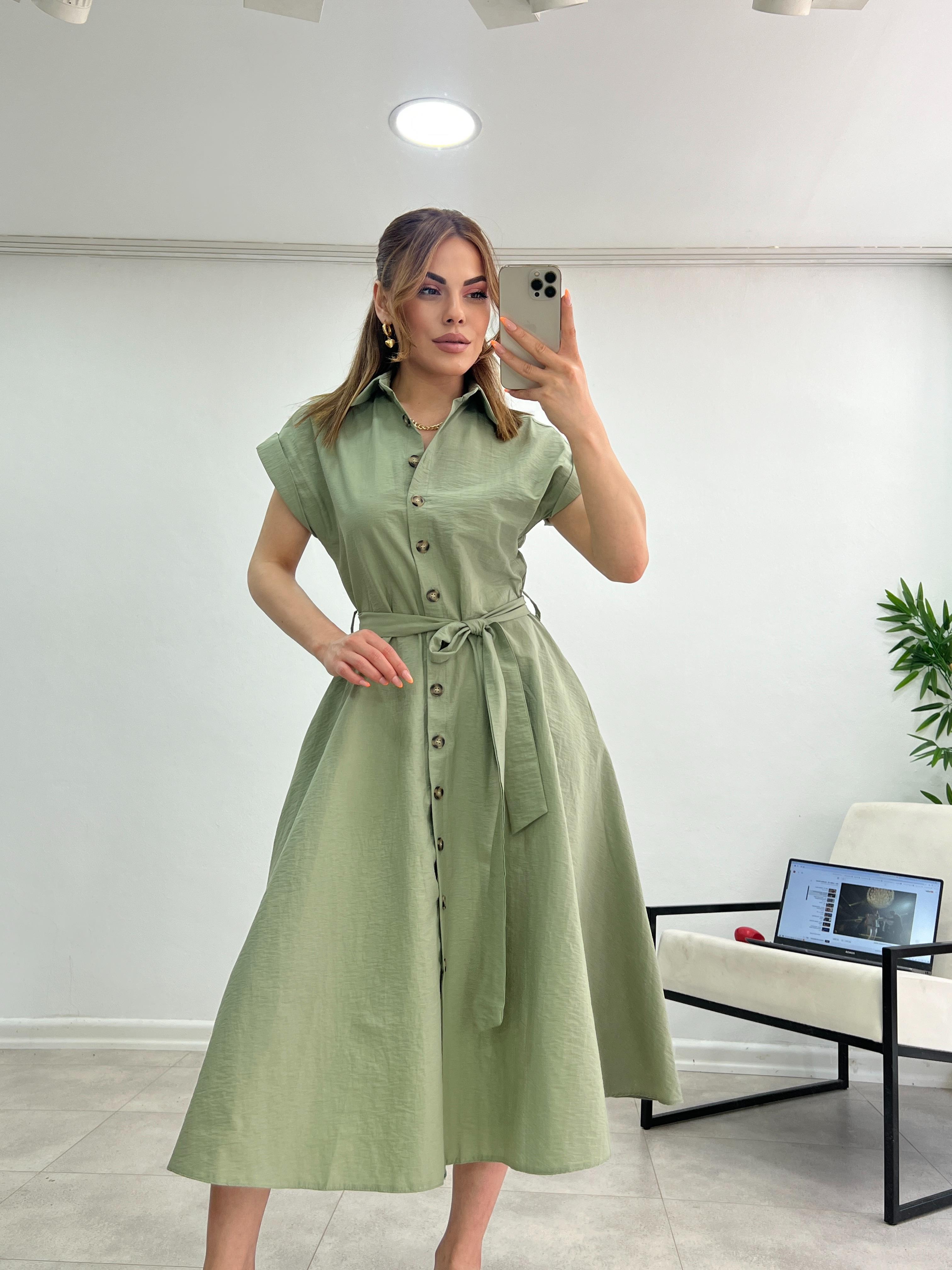 ÖNDEN DÜĞMELİ KETEN ELBİSE HAKİ