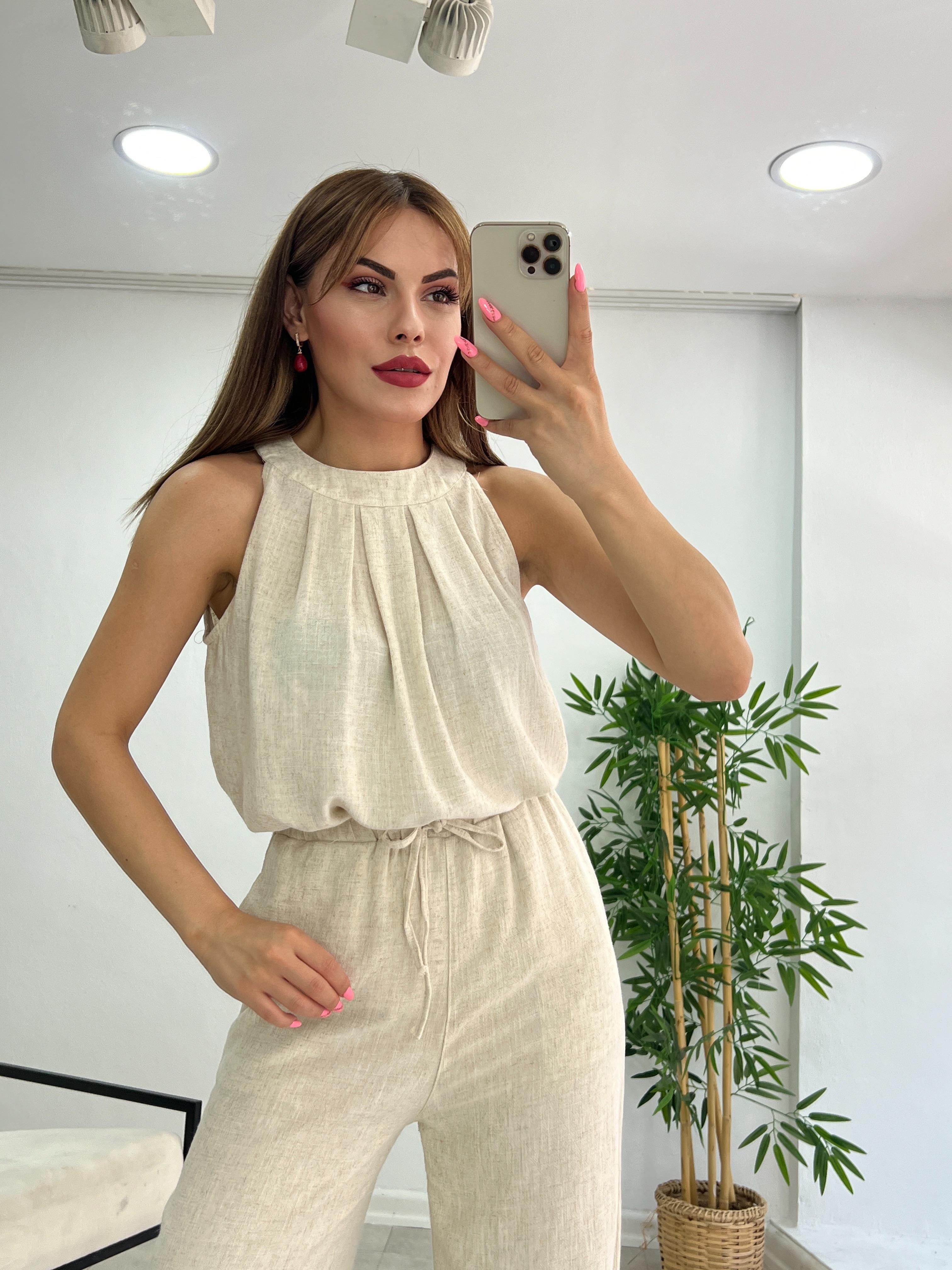 ÖNÜ PİLELİ KETEN BLUZ