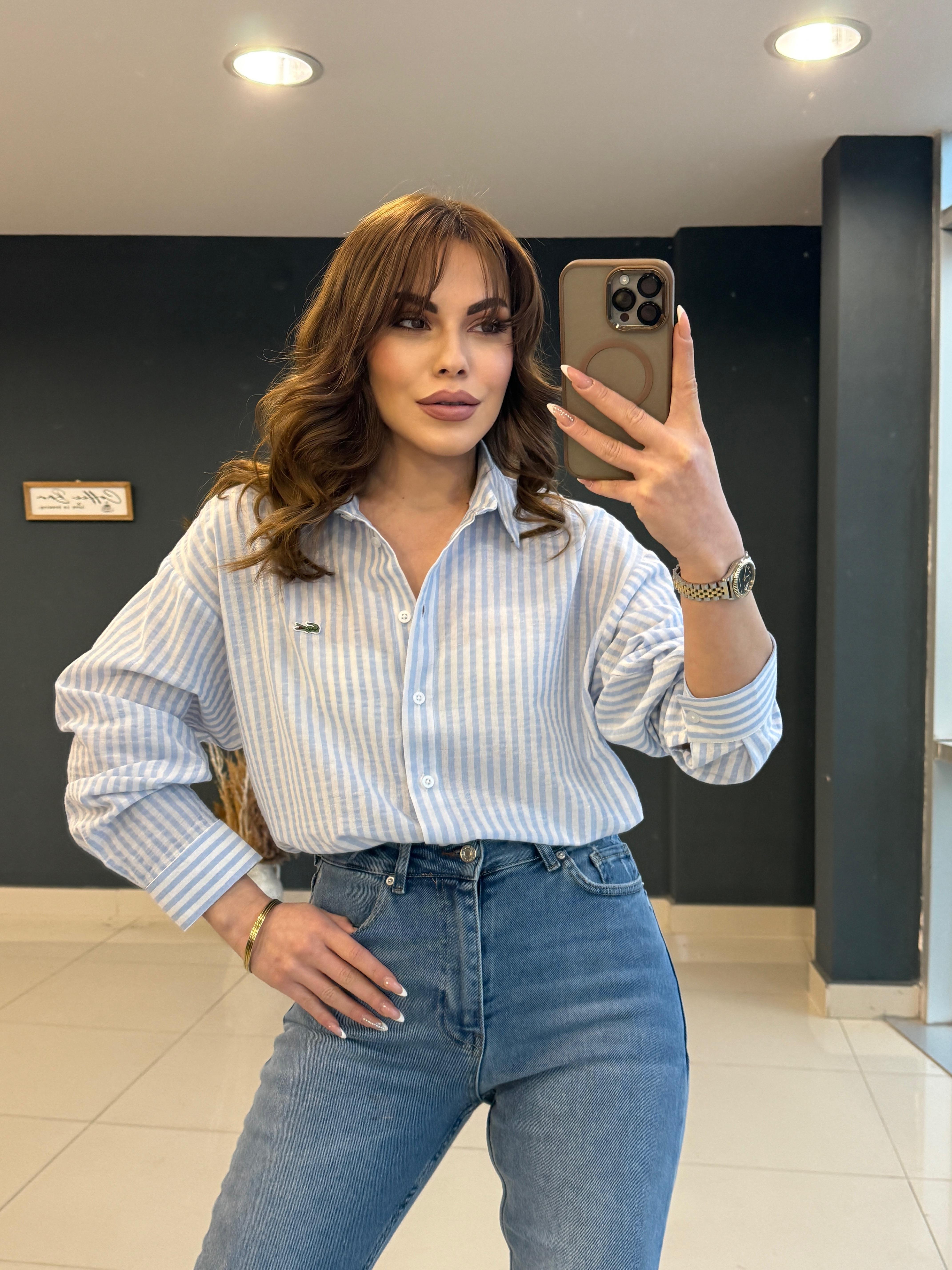 ORJİNAL MARKA %100 KETEN ÇİZGİLİ GÖMLEK MAVİ