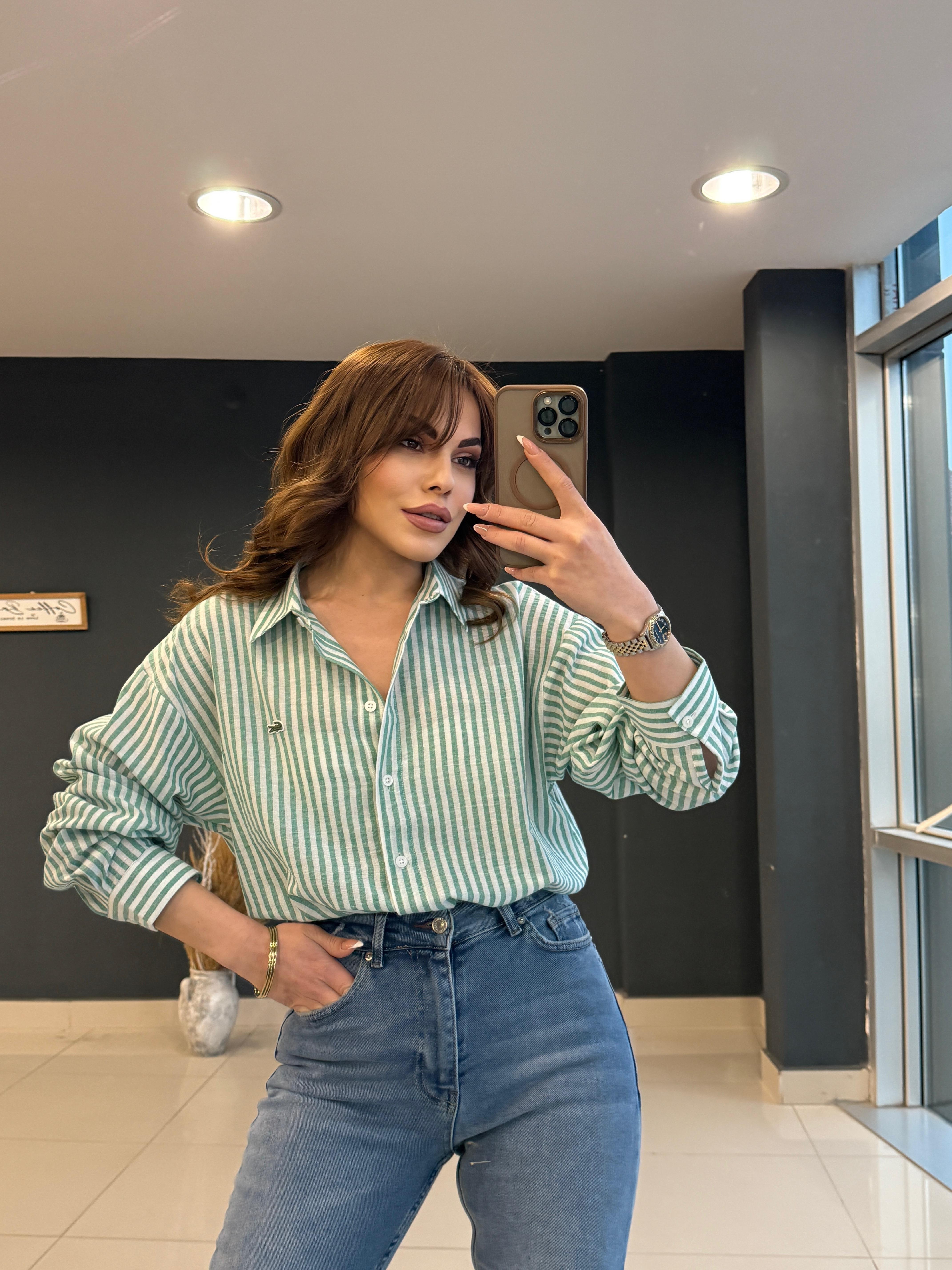 ORJİNAL MARKA %100 KETEN ÇİZGİLİ GÖMLEK YEŞİL