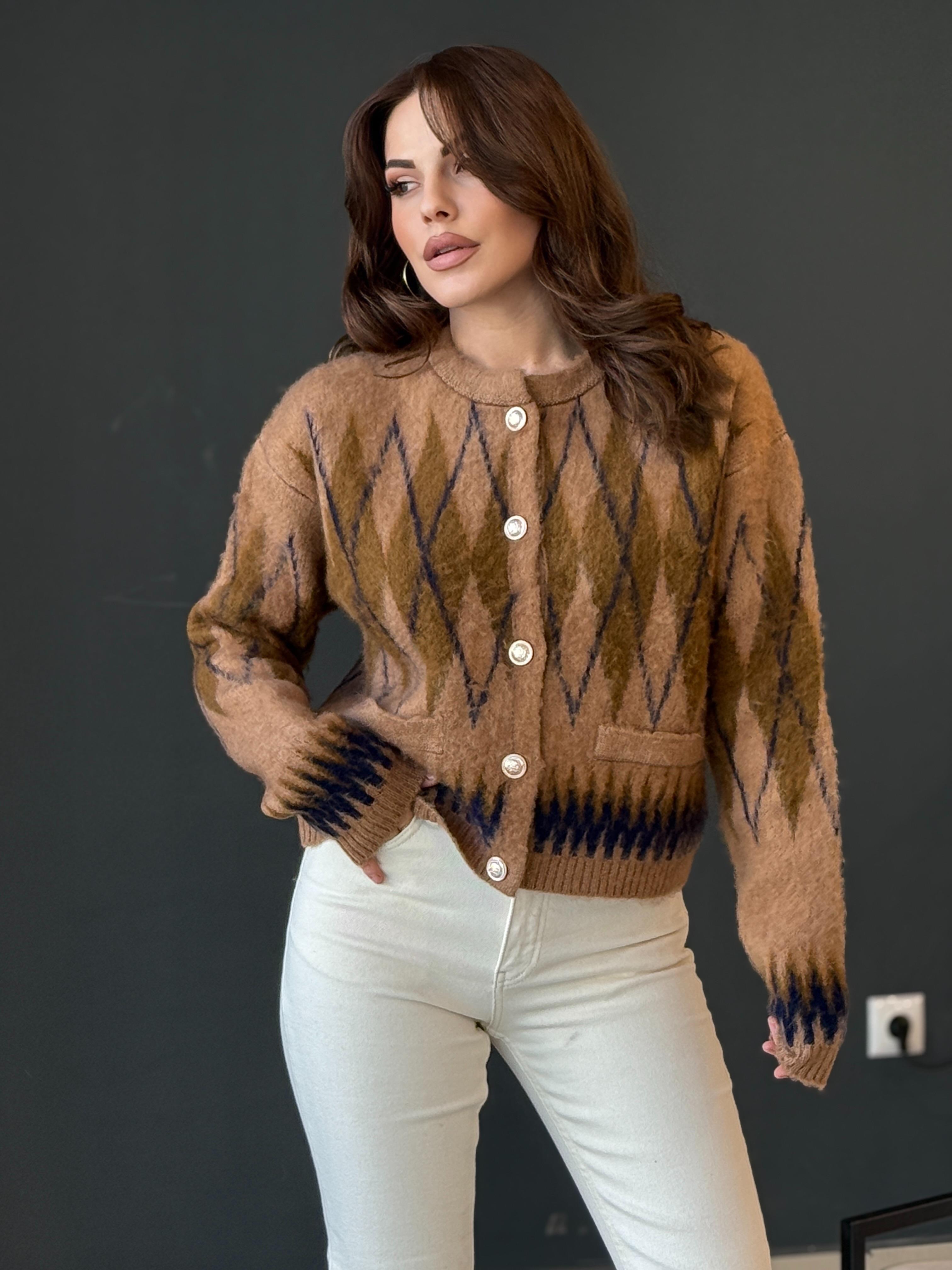 ORJİNAL MARKA BAKLAVA DESENLİ YUMOŞ HIRKA CAMEL
