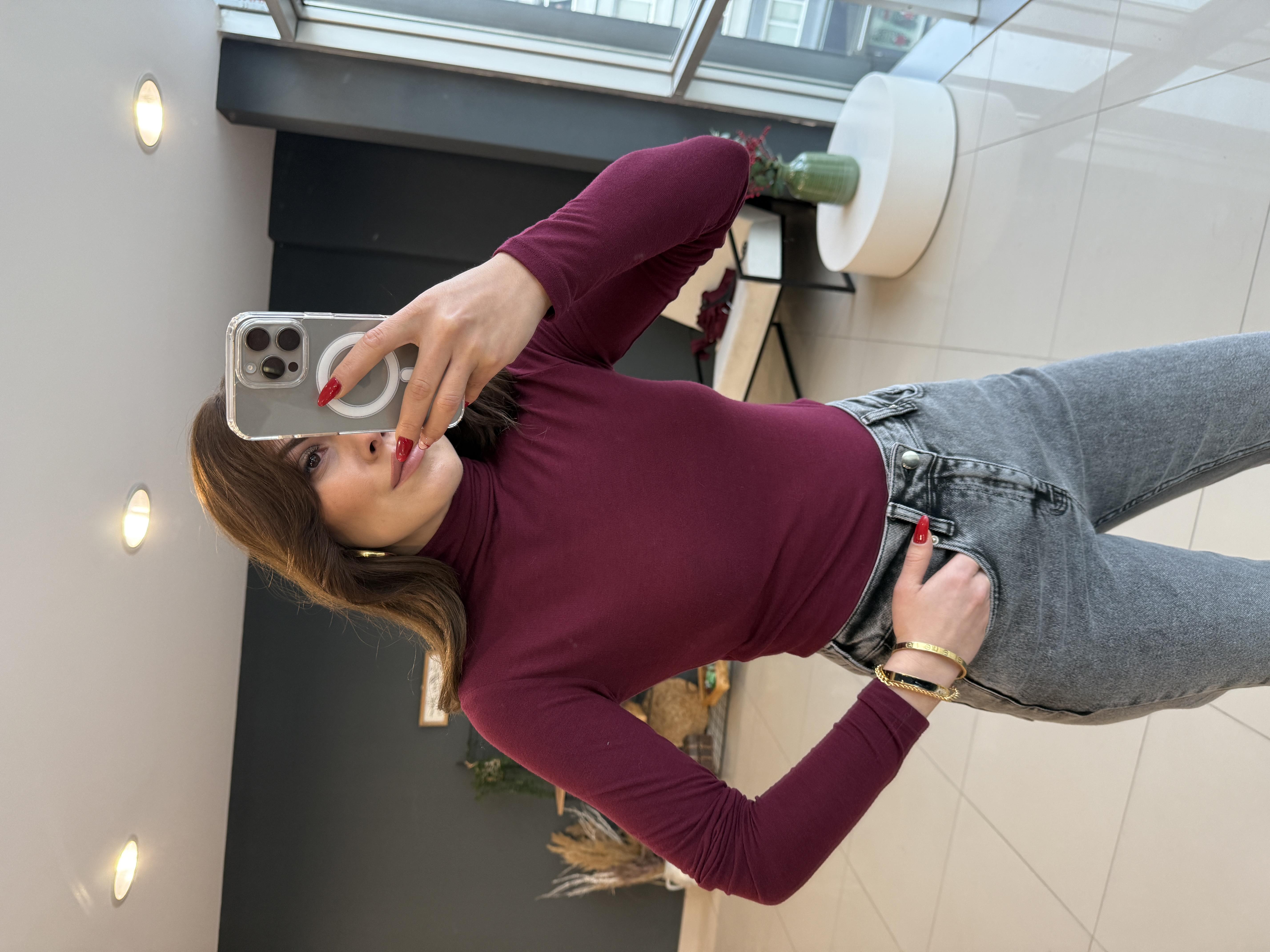 ORJİNAL MARKA BALIKÇI YAKA PAMUK BLUZ BORDO