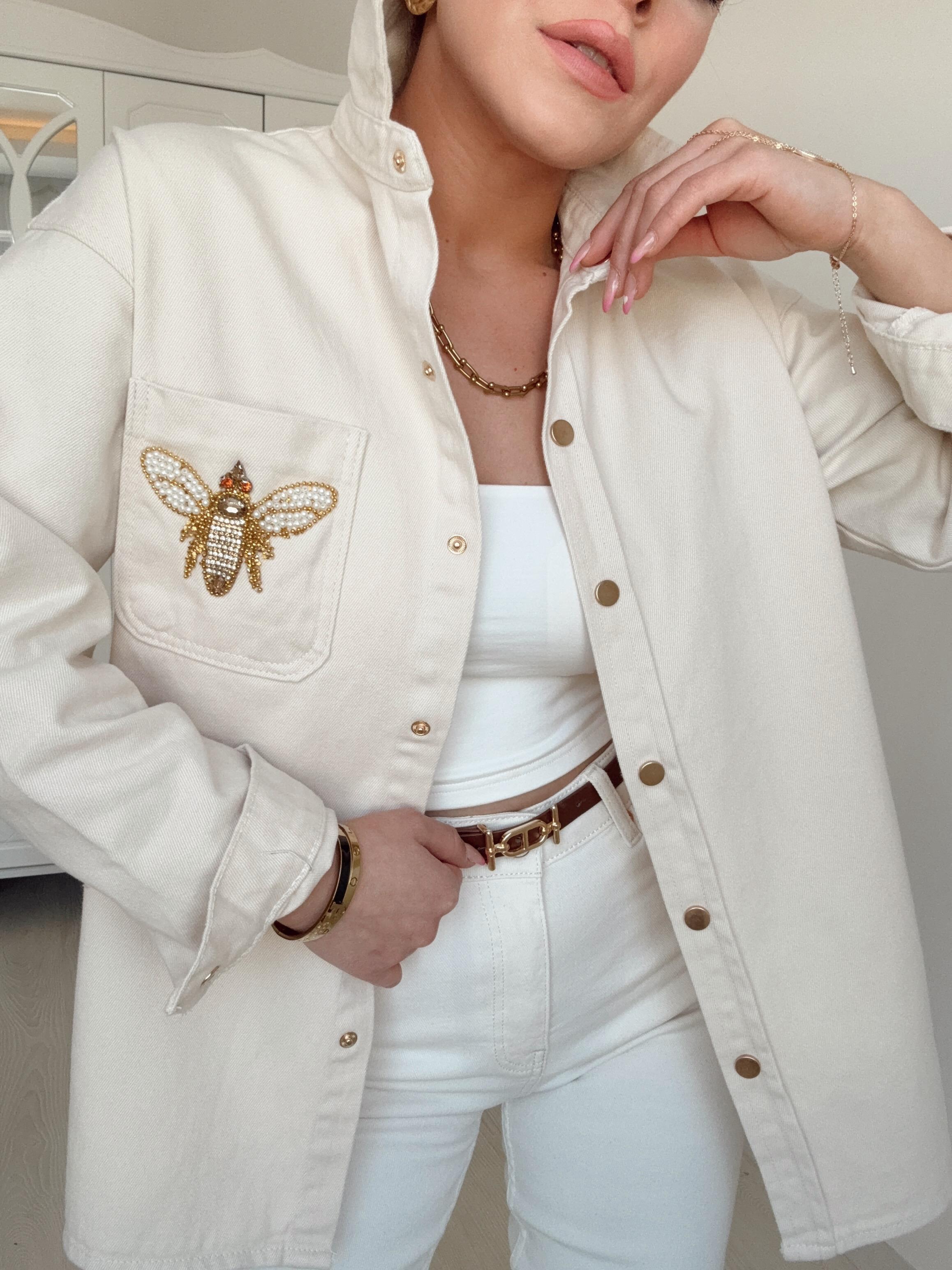 ORJINAL MARKA CEP TAŞ İŞLEMELİ DENİM GÖMLEK EKRU