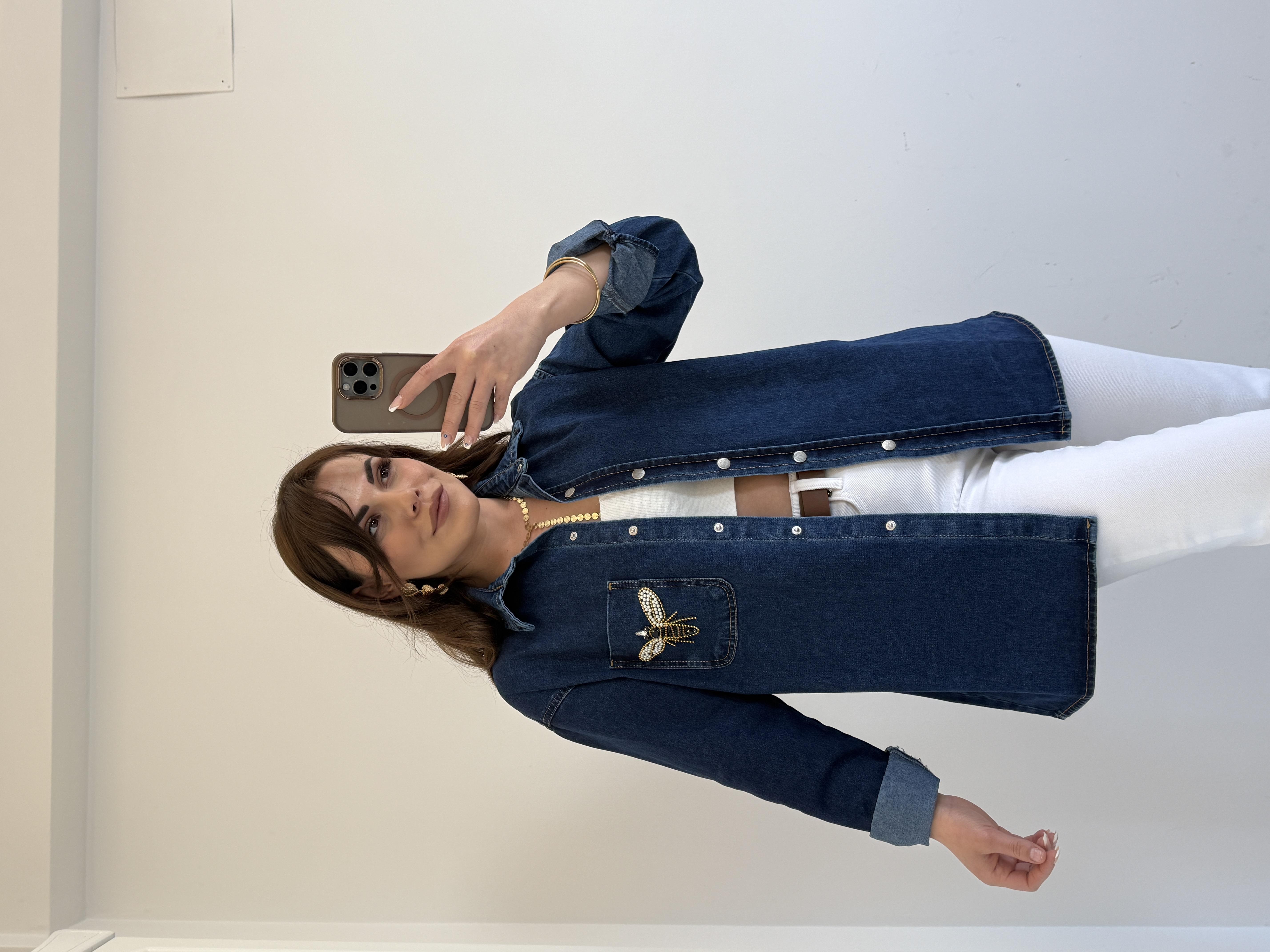 ORJINAL MARKA CEP TAŞ İŞLEMELİ DENİM GÖMLEK