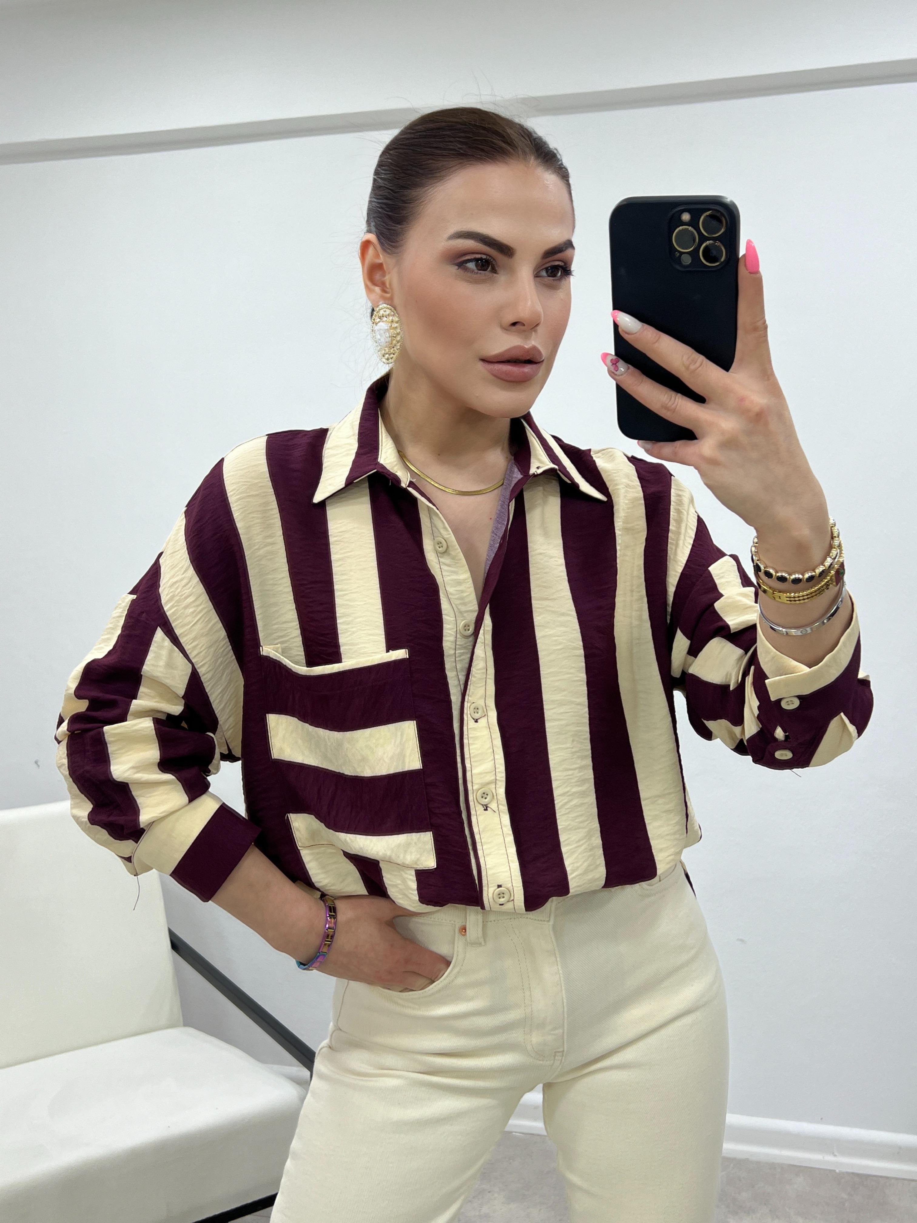 ORJİNAL MARKA ÇİZGİLİ BORDO GÖMLEK