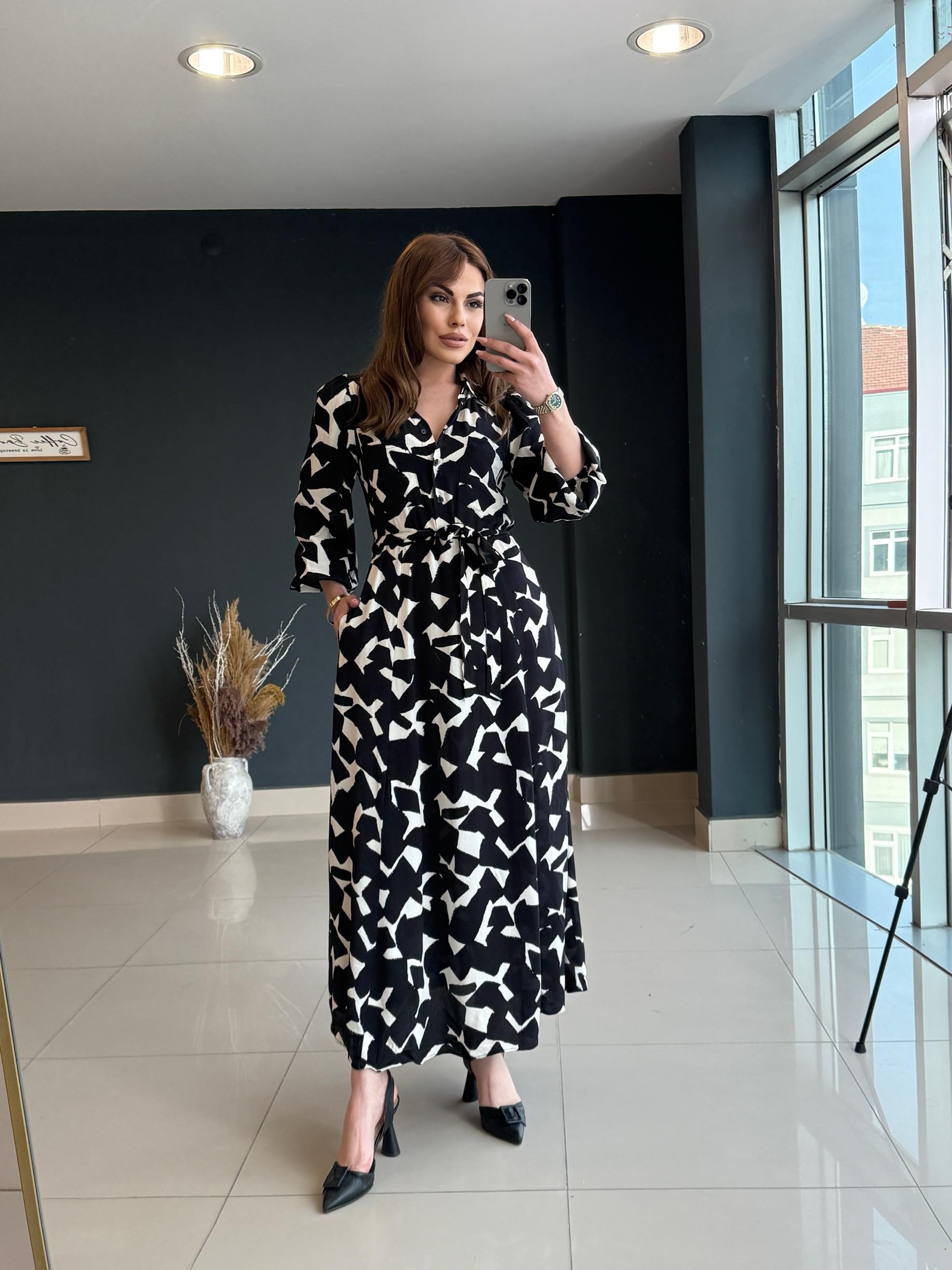 ORJİNAL MARKA DESENLİ ELBİSE SİYAH