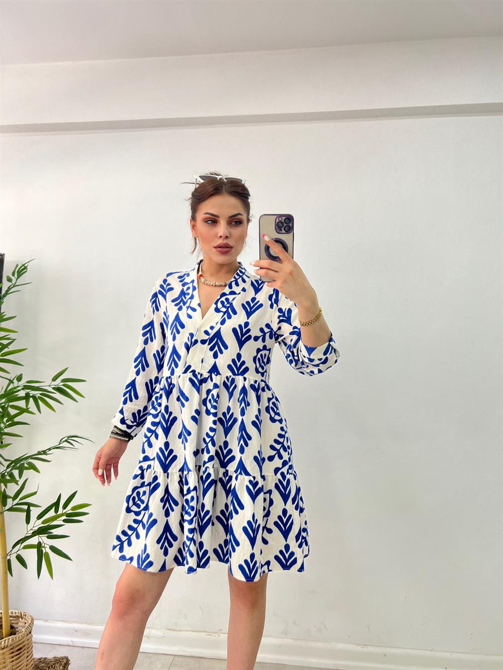 ORJINAL MARKA MAVİ DEAENLİ KETEN ELBİSE