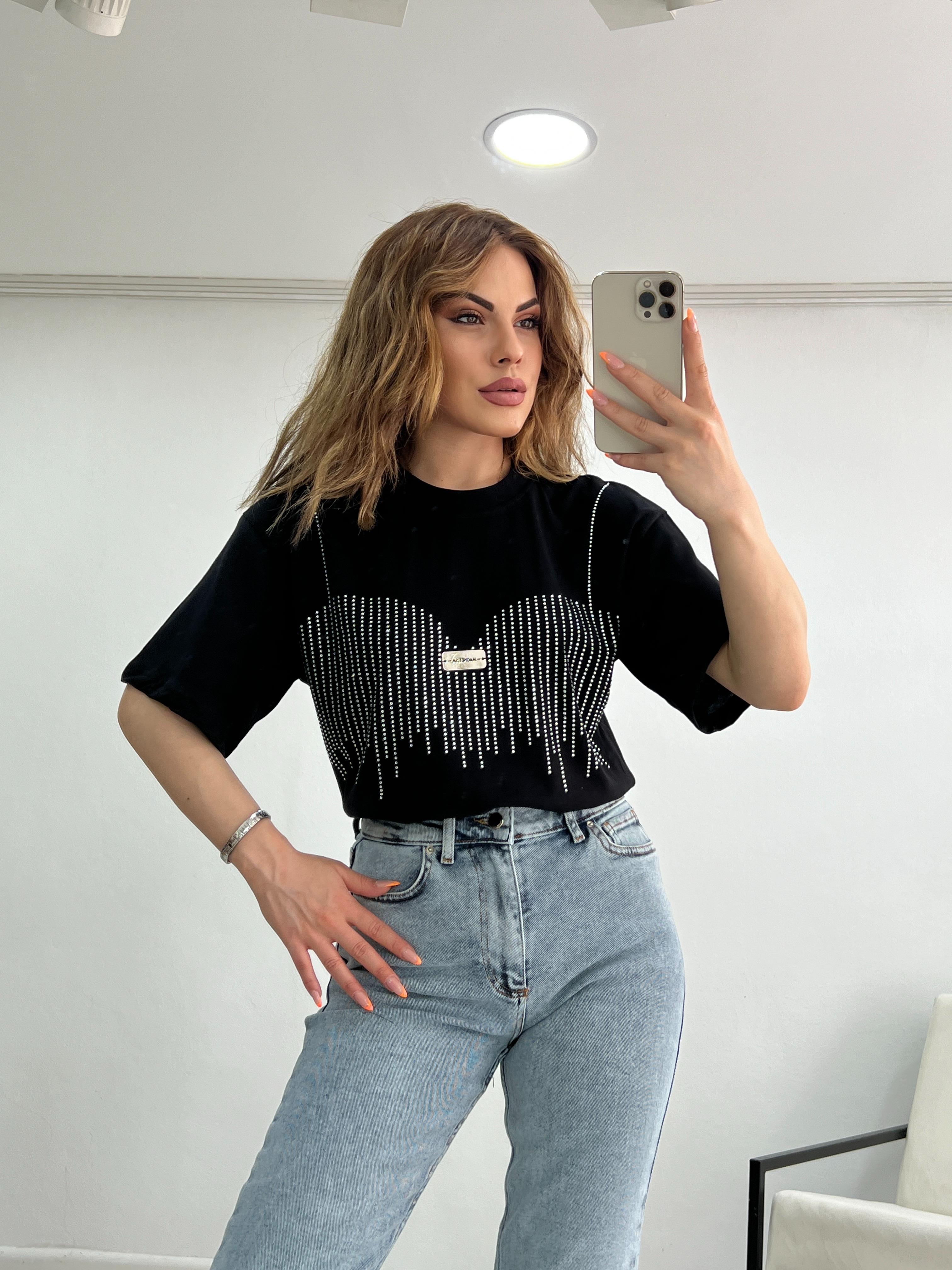 ORJİNAL MARKA TAŞLI TSHİRT SİYAH