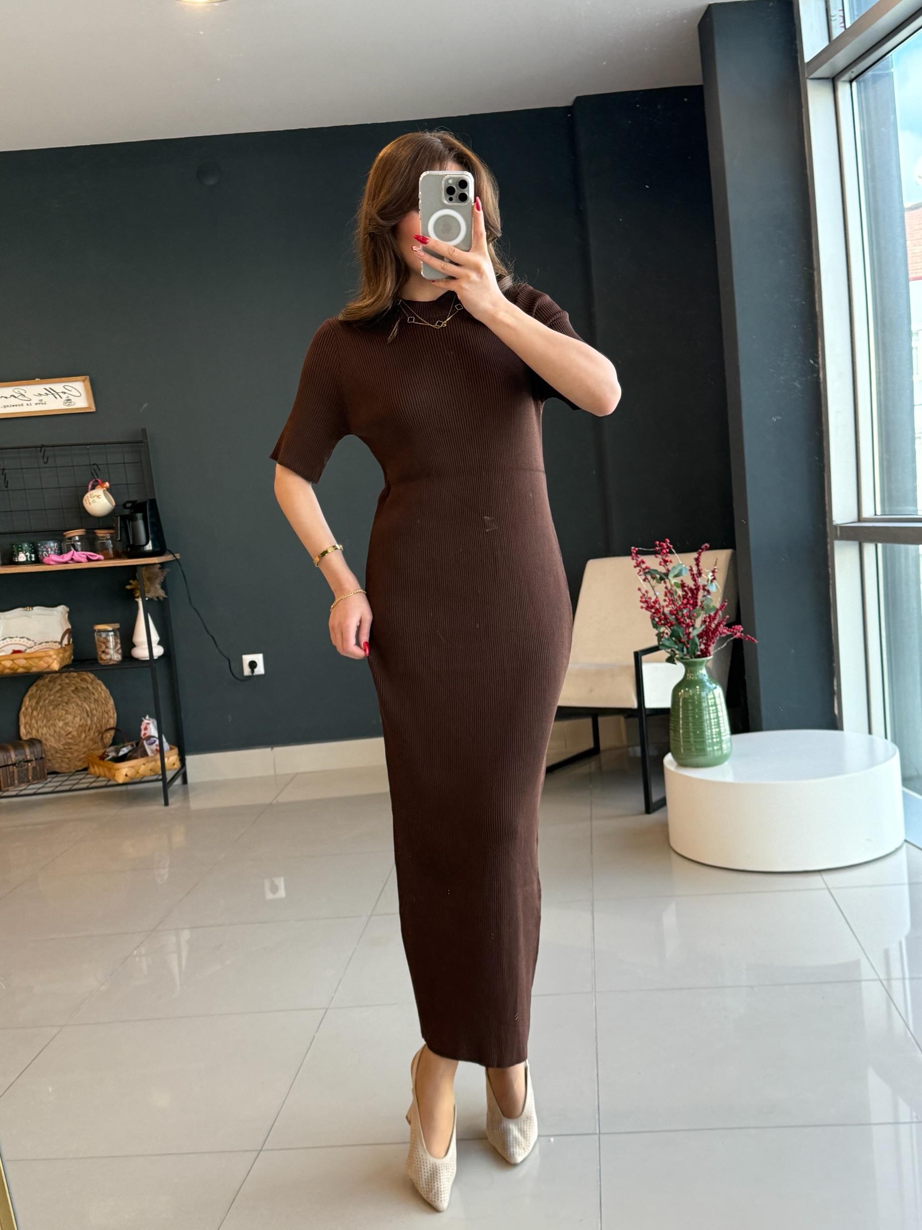 ORJİNAL MARKA TRİKO ELBİSE KAHVE