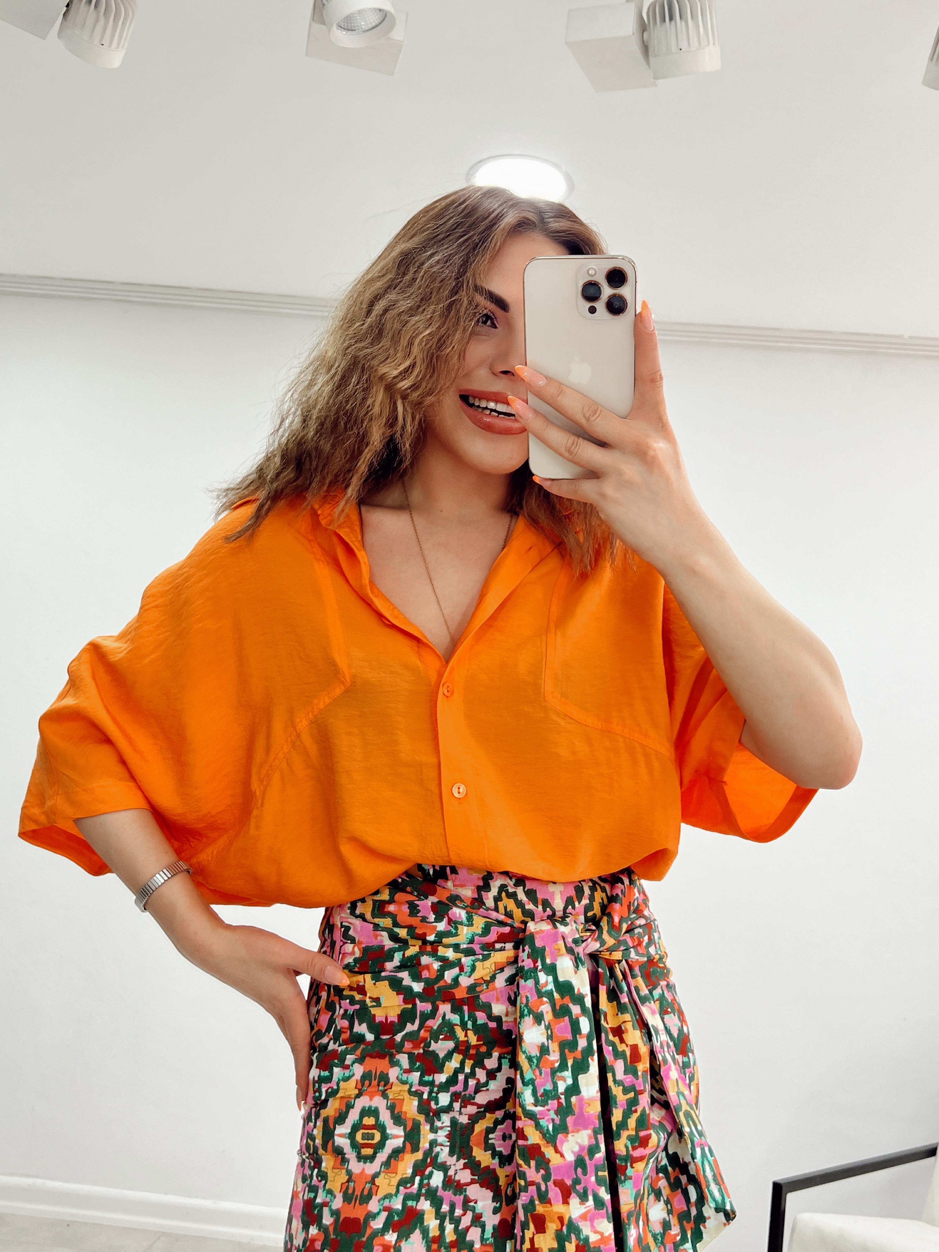 OVERSİZE KETEN TURUNCU GÖMLEK