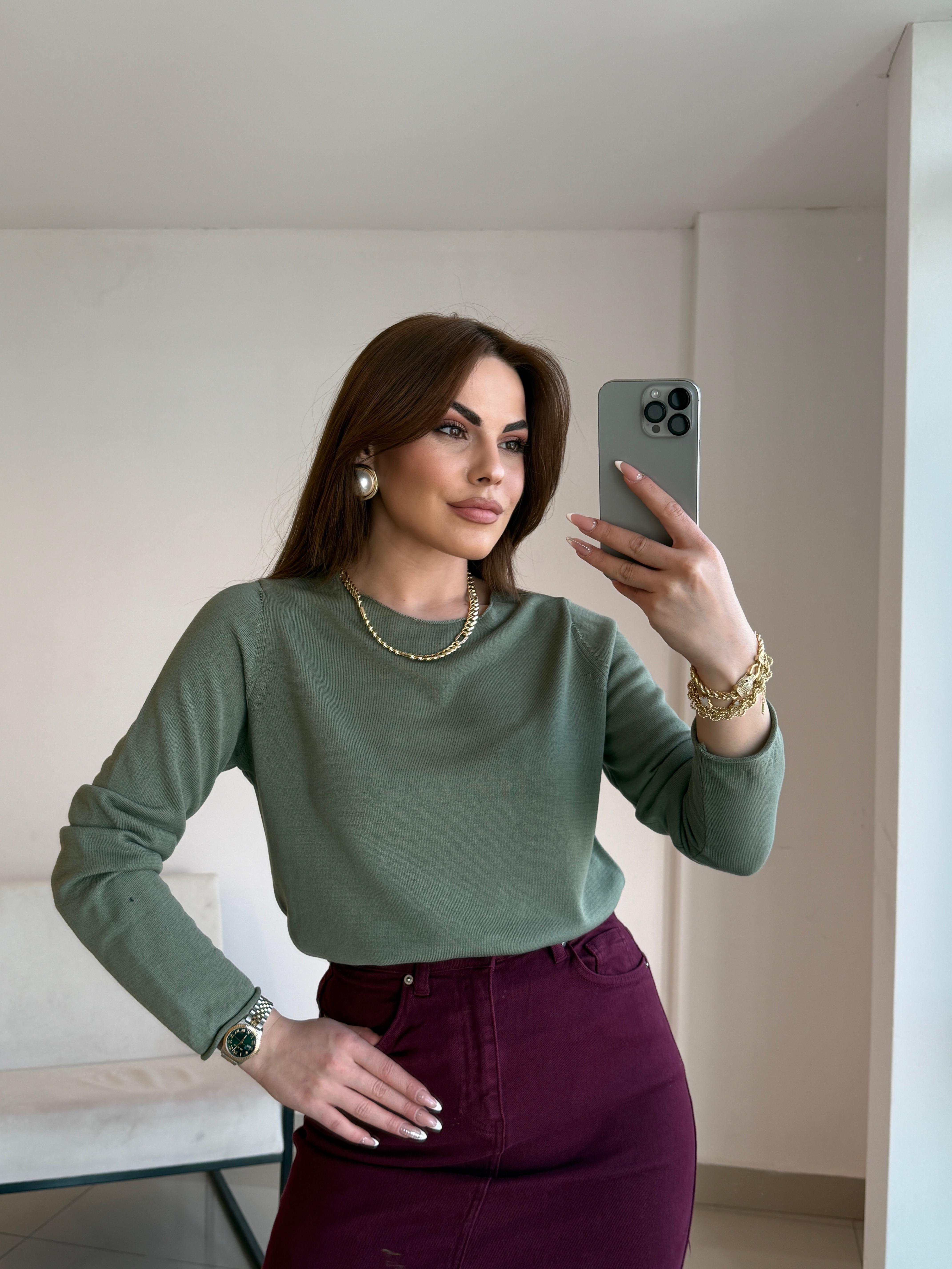 PAMUK MERSERİZE BLUZ YEŞİL