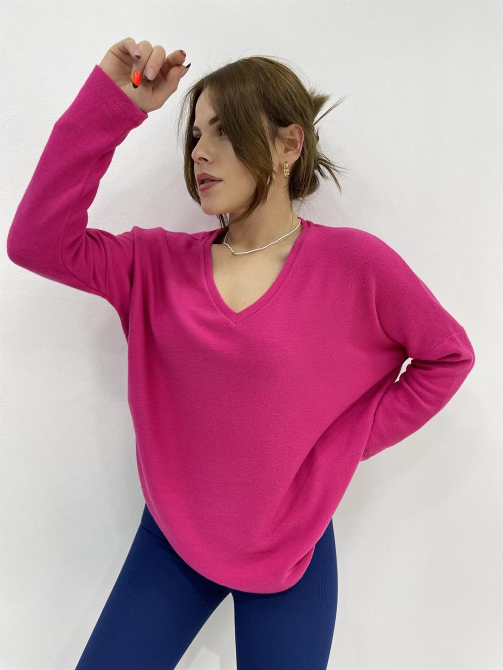 PEMBE V YAKA KISIK TRİKO