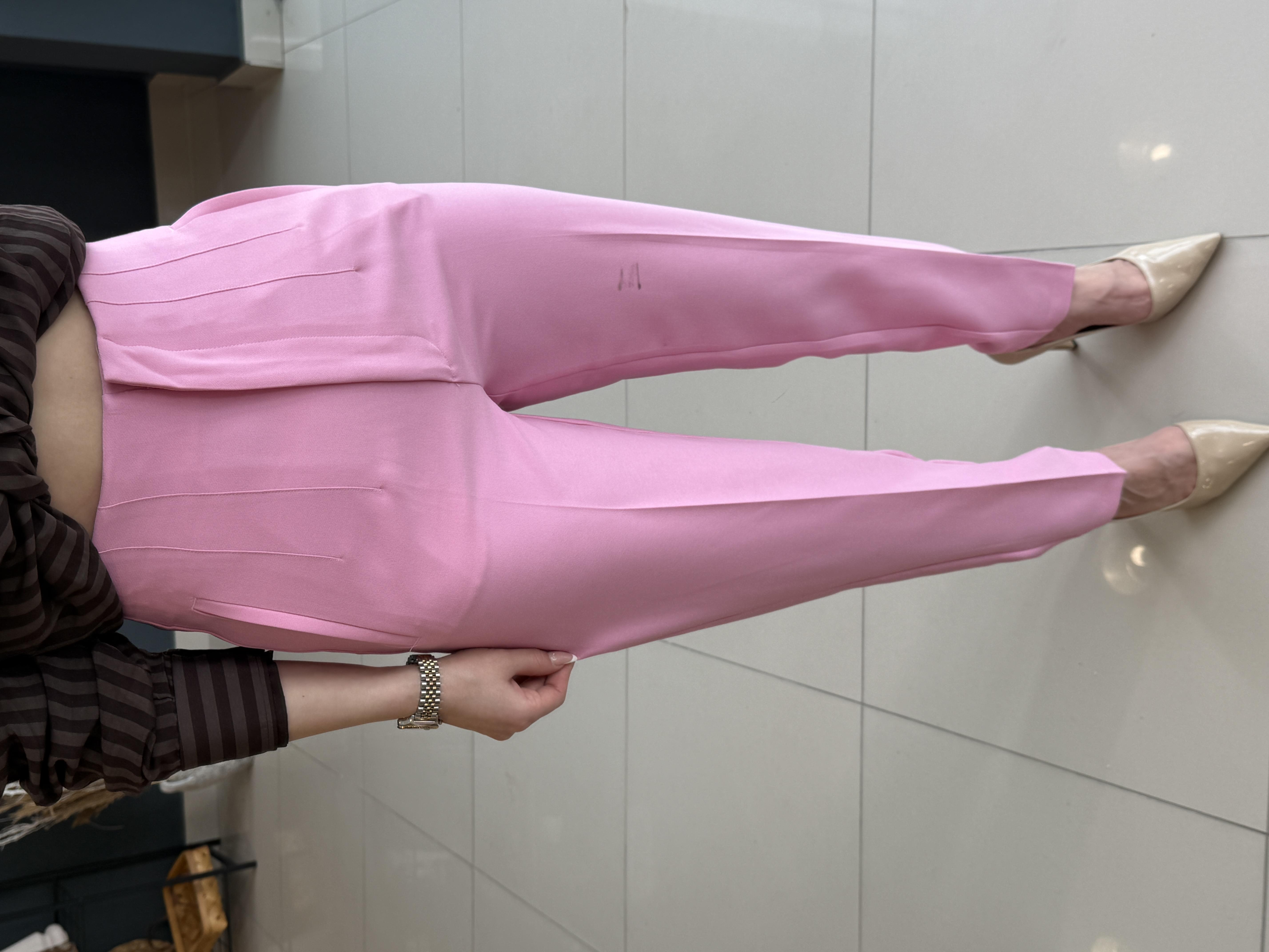 PENSLİ HAVUÇ KESİM KUMAŞ PANTOLON PEMBE