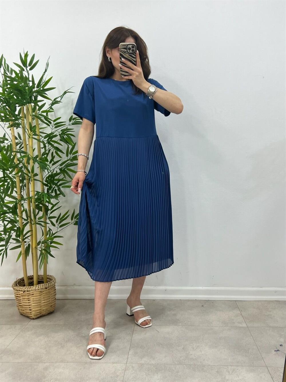 PİLELİ ELBİSE İNDİGO MAVİ