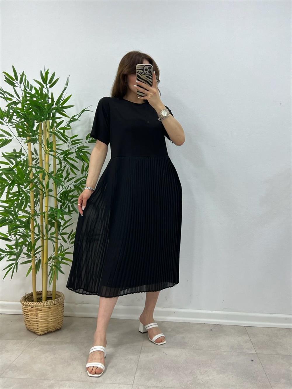 PİLELİ ELBİSE SİYAH