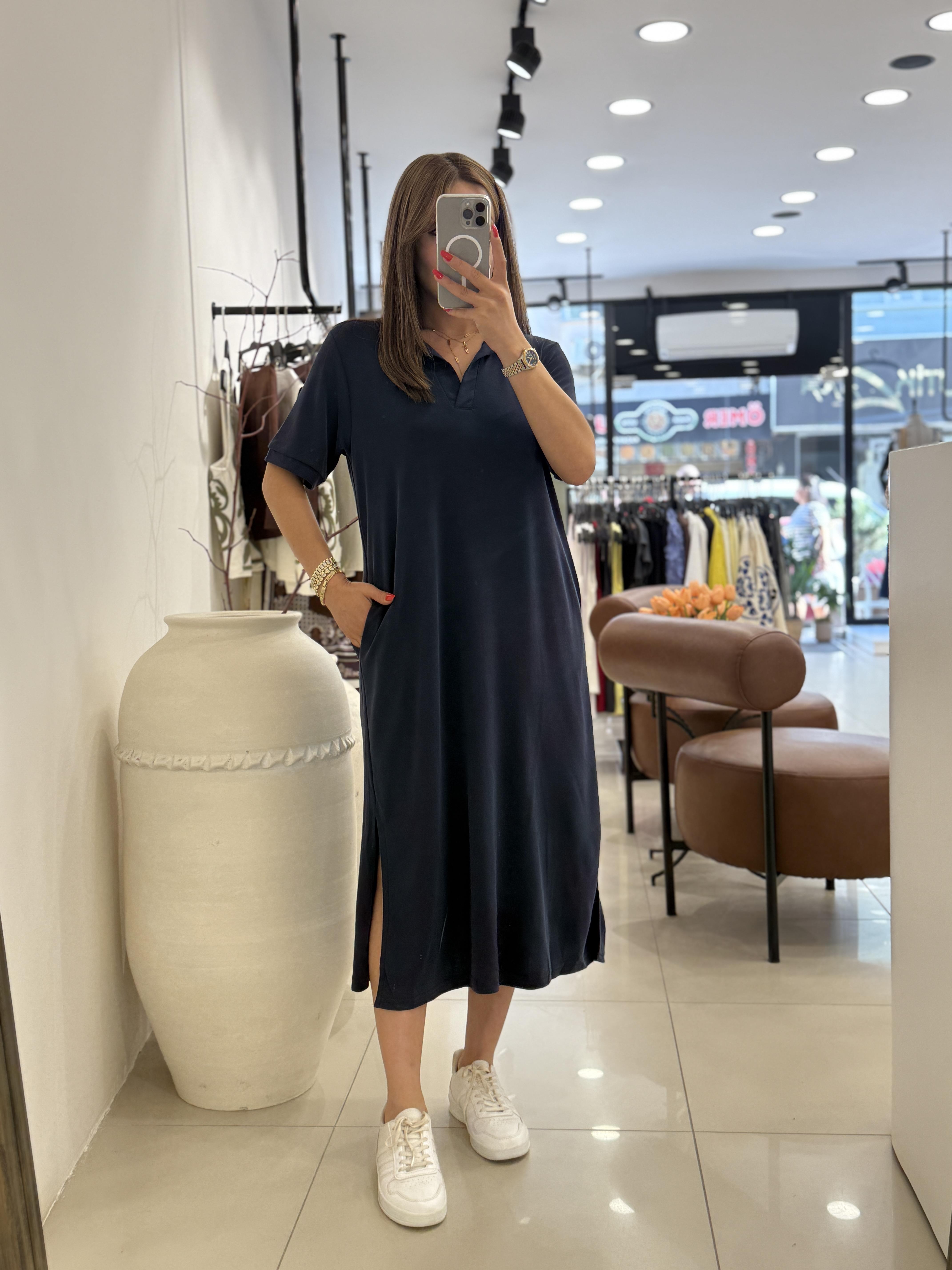 POLA YAKA BASİC ELBİSE LACİVERT