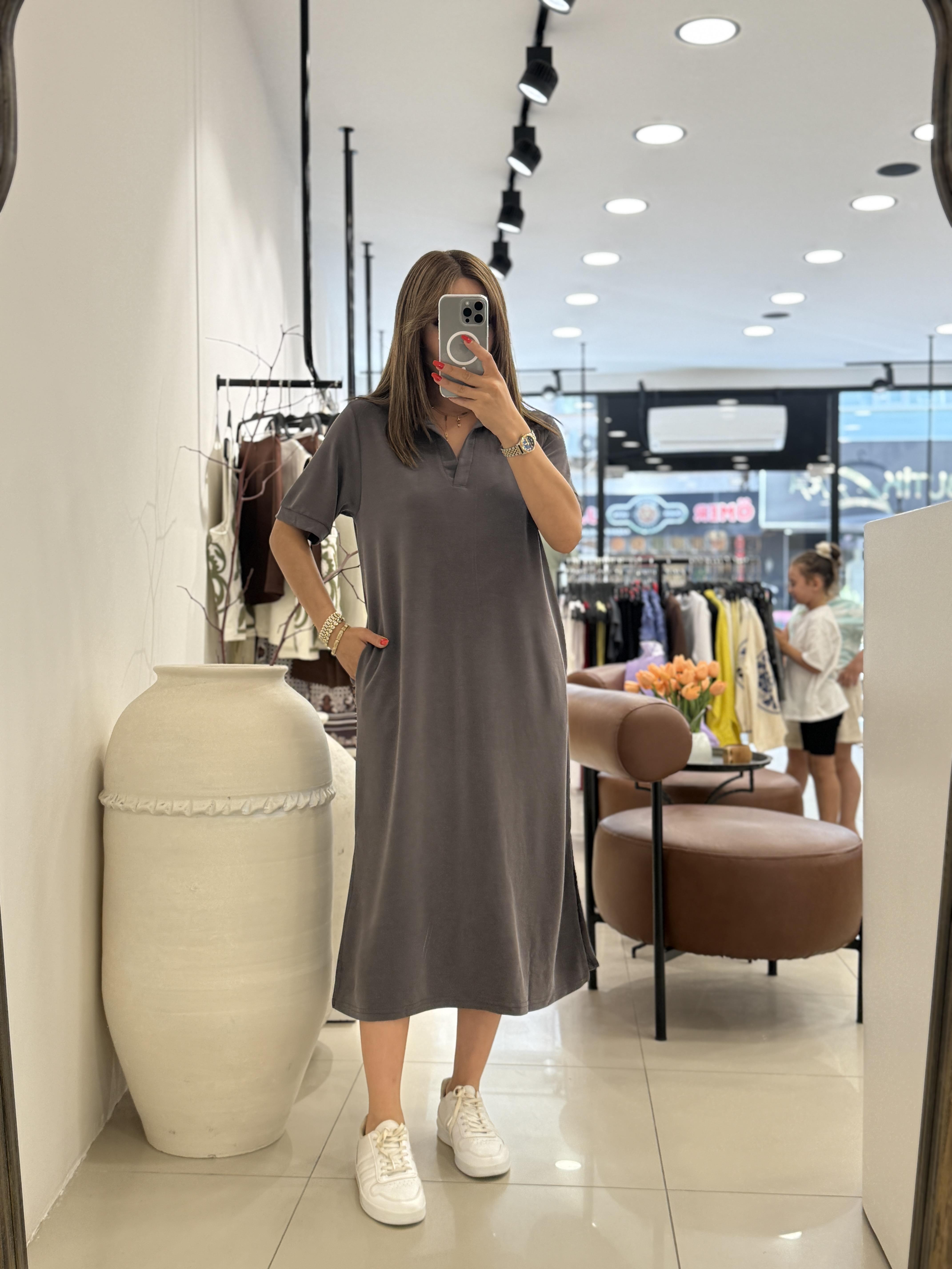 POLA YAKA BASİC ELBİSE TOPRAK