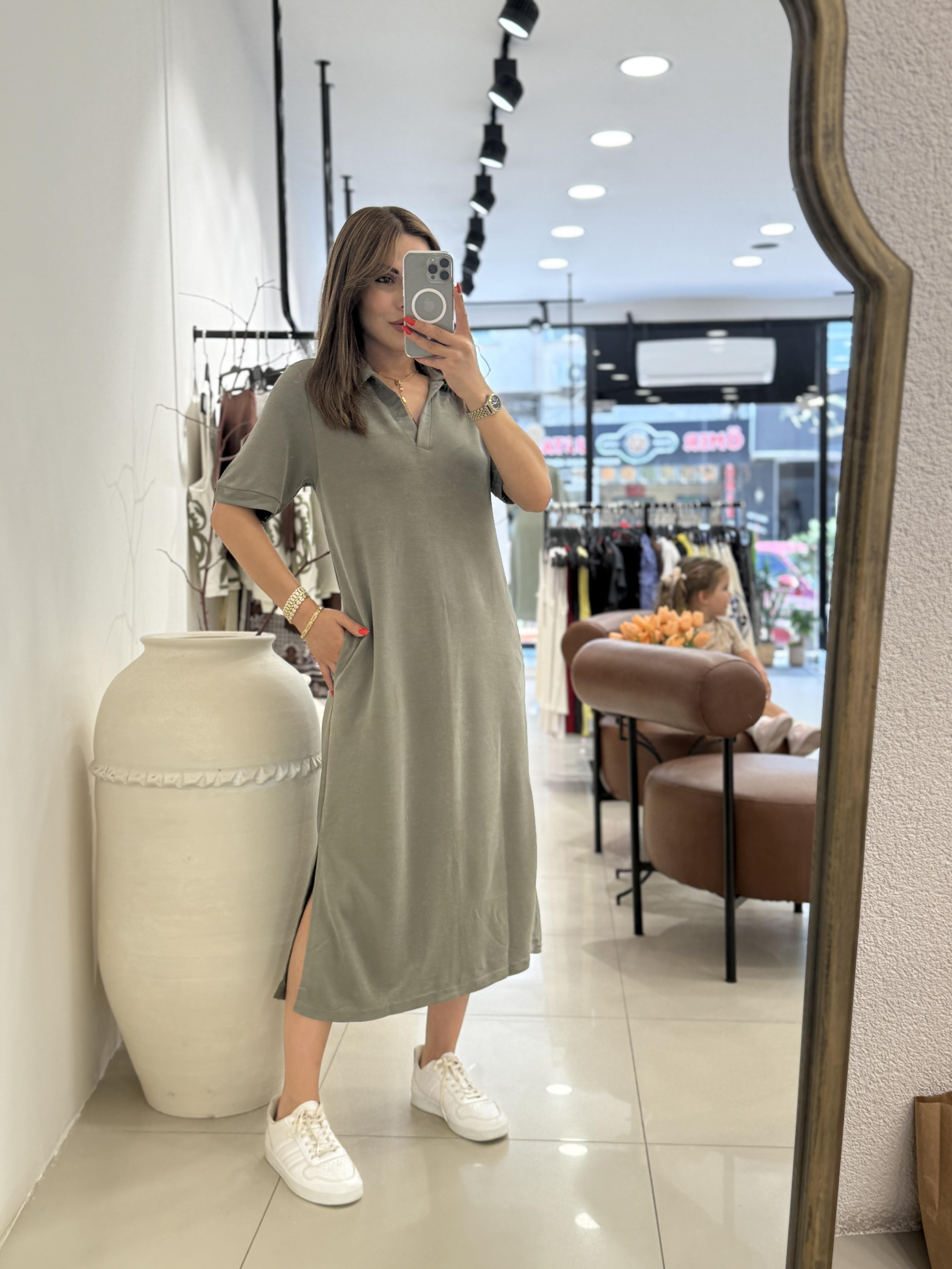 POLA YAKA BASİC ELBİSE YEŞİL