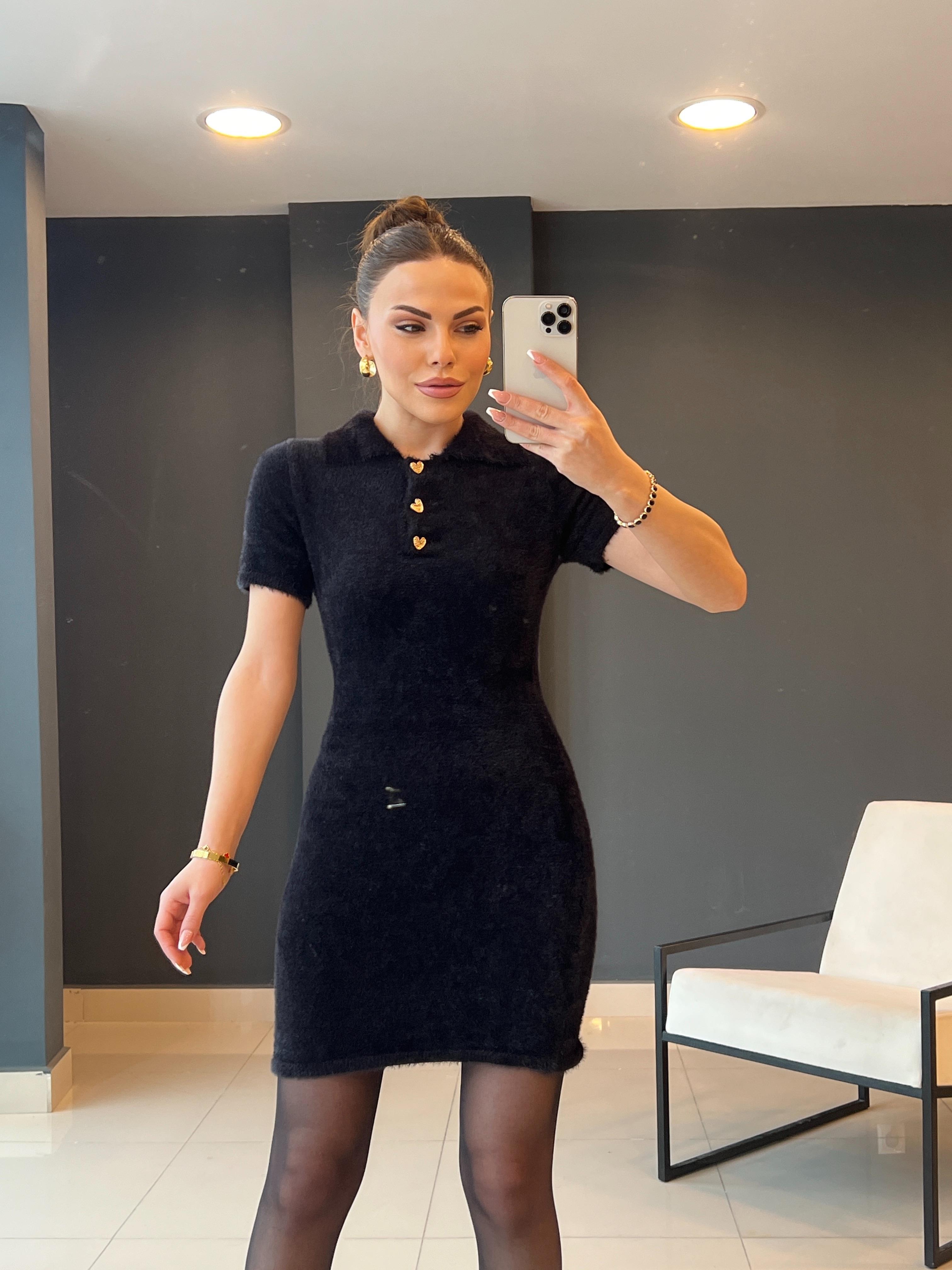 POLO YAKA GOLD DÜĞMELİ YUMOŞ ELBİSE SİYAH 