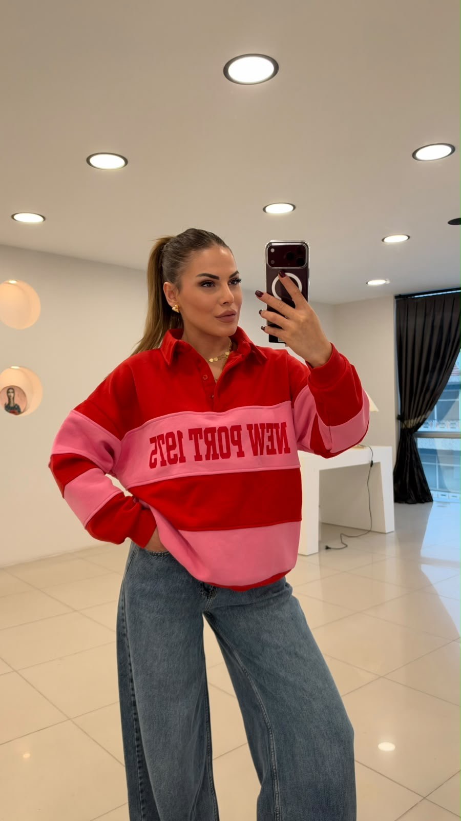 Polo Yaka Kalın Çizgili Baskılı Sweatshırt Pembe-Kırmızı