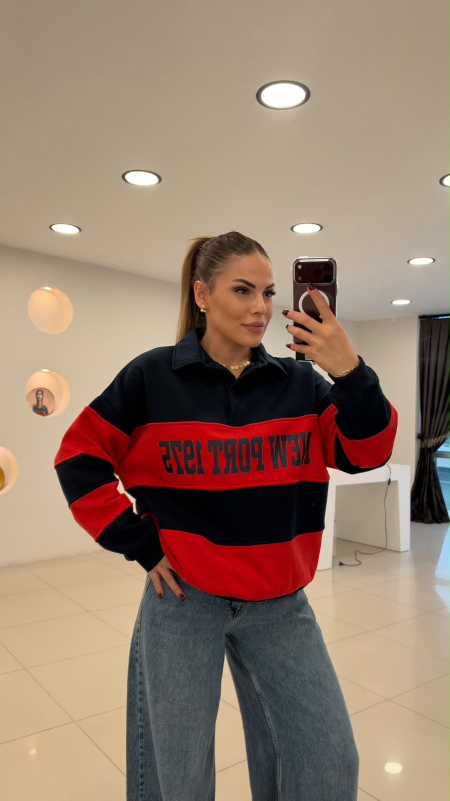 Polo Yaka Kalın Çizgili Baskılı Sweatshırt Lacivert-Kırmızı