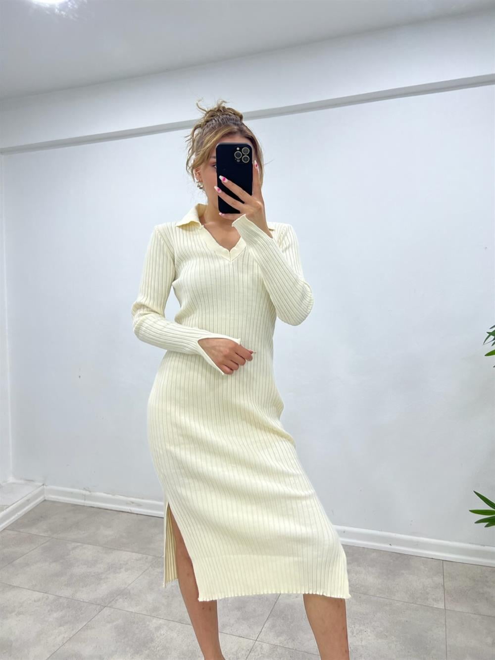 POLO YAKA TRİKO ELBİSE EKRU