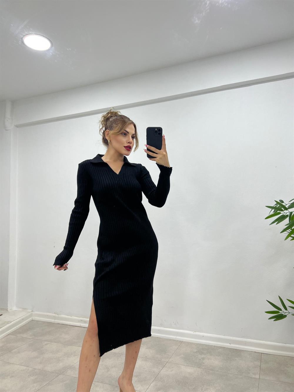 POLO YAKA TRİKO ELBİSE SİYAH