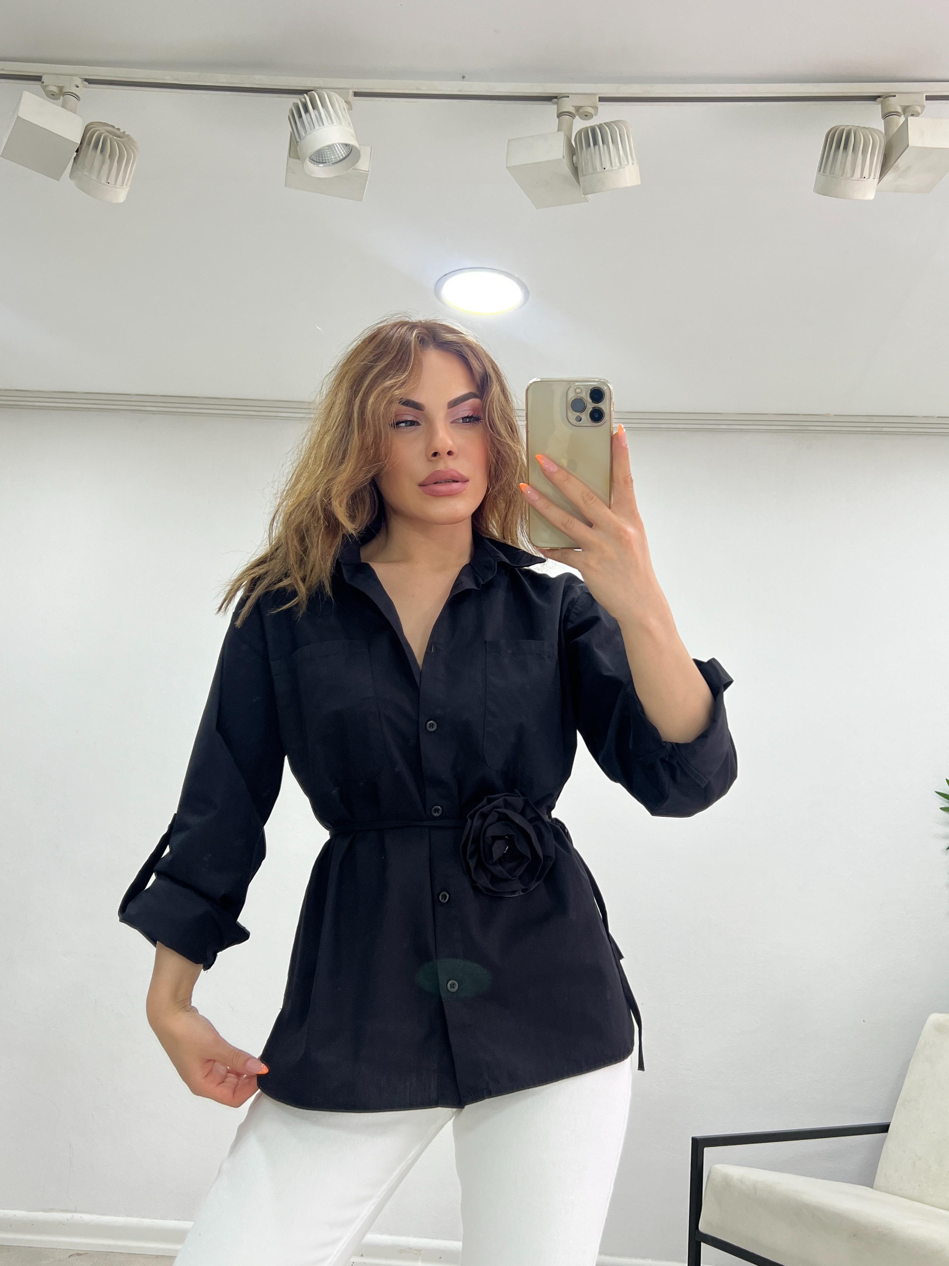 POPLİN GÜL DETAYLI SİYAH GÖMLEK