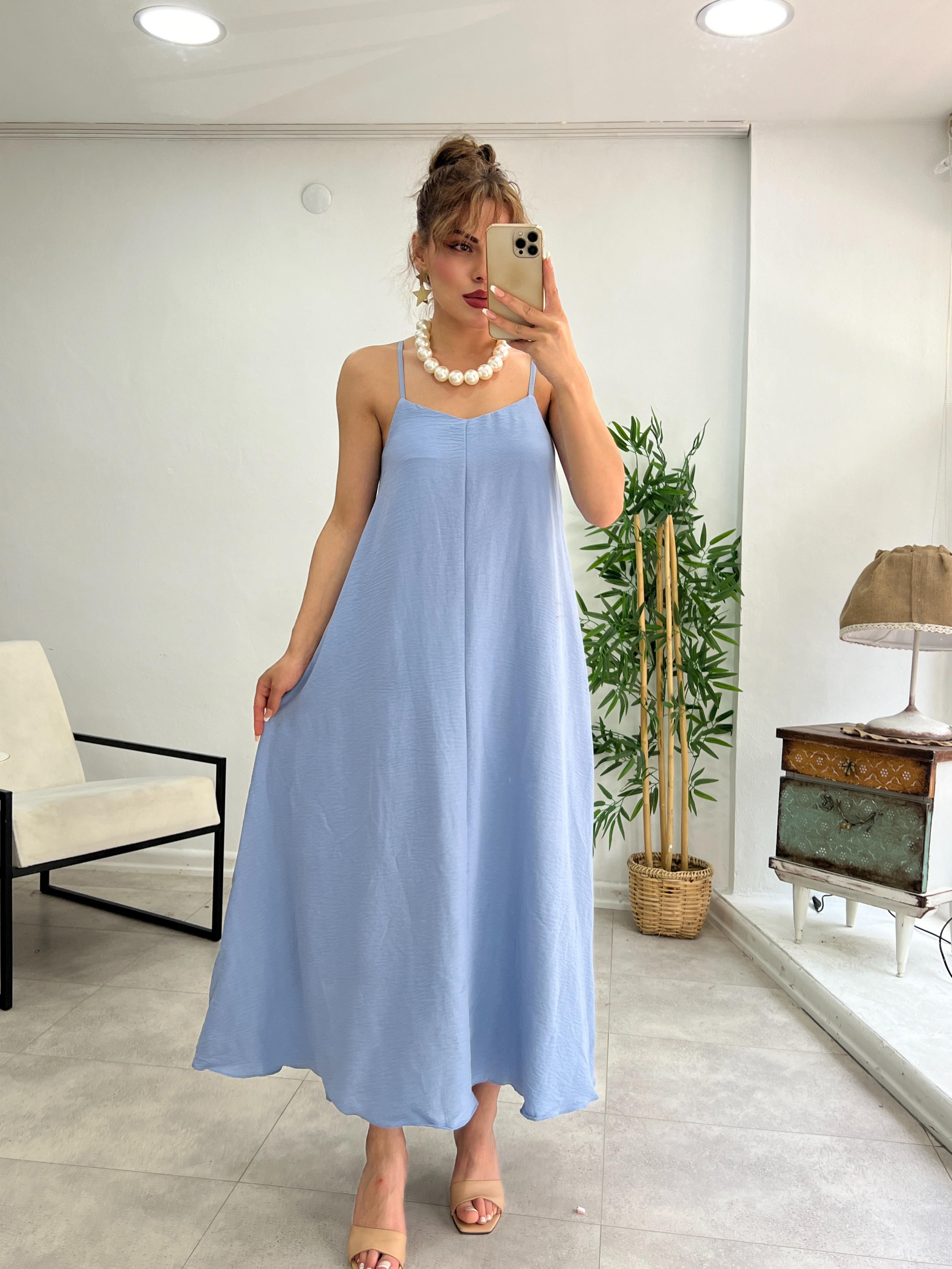 PREMİUM SERİ BASİC SALAŞ TENSEL ELBİSE PASTEL MAVİ