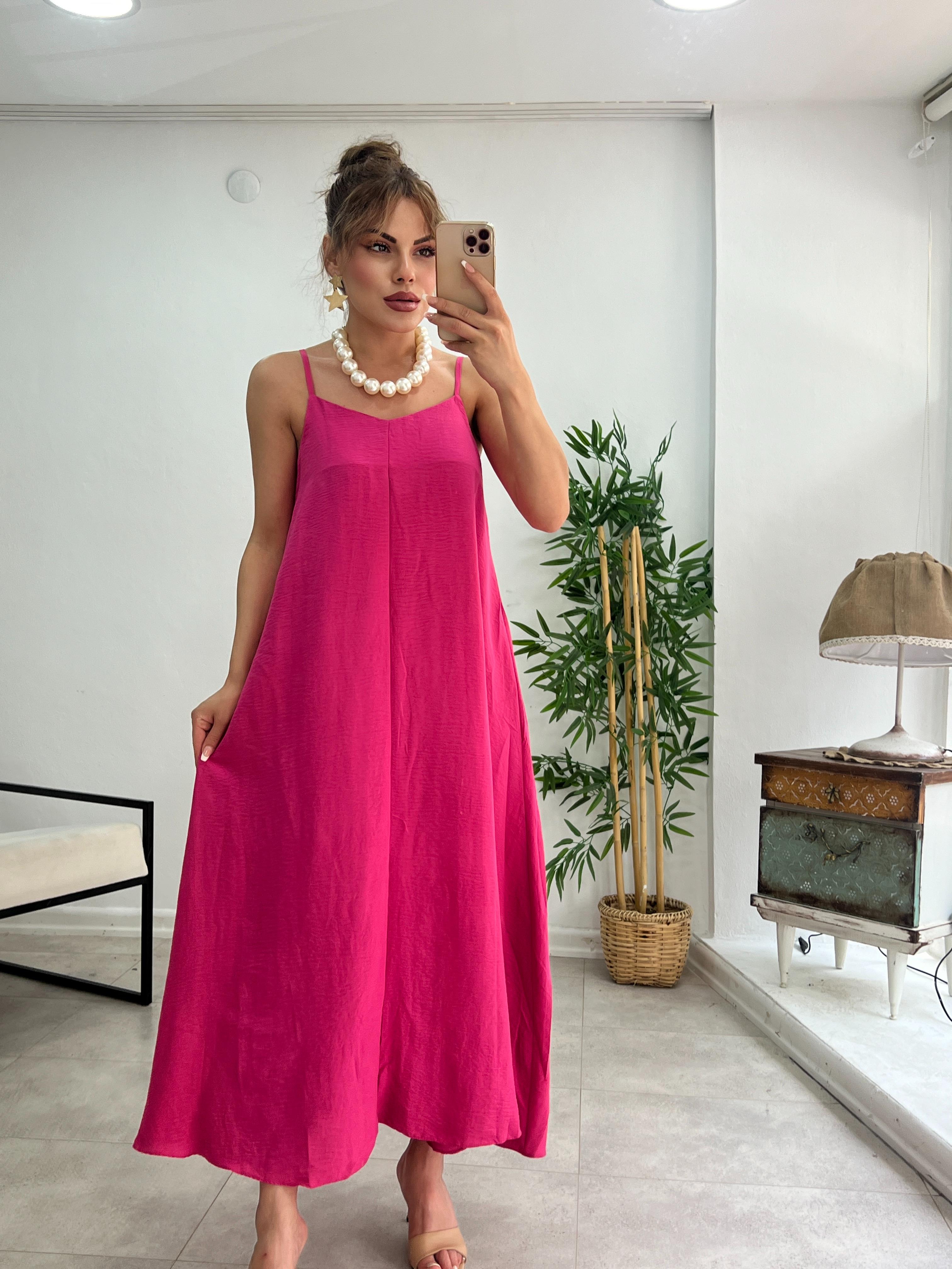 PREMİUM SERİ BASİC SALAŞ TENSEL ELBİSE FUŞYA