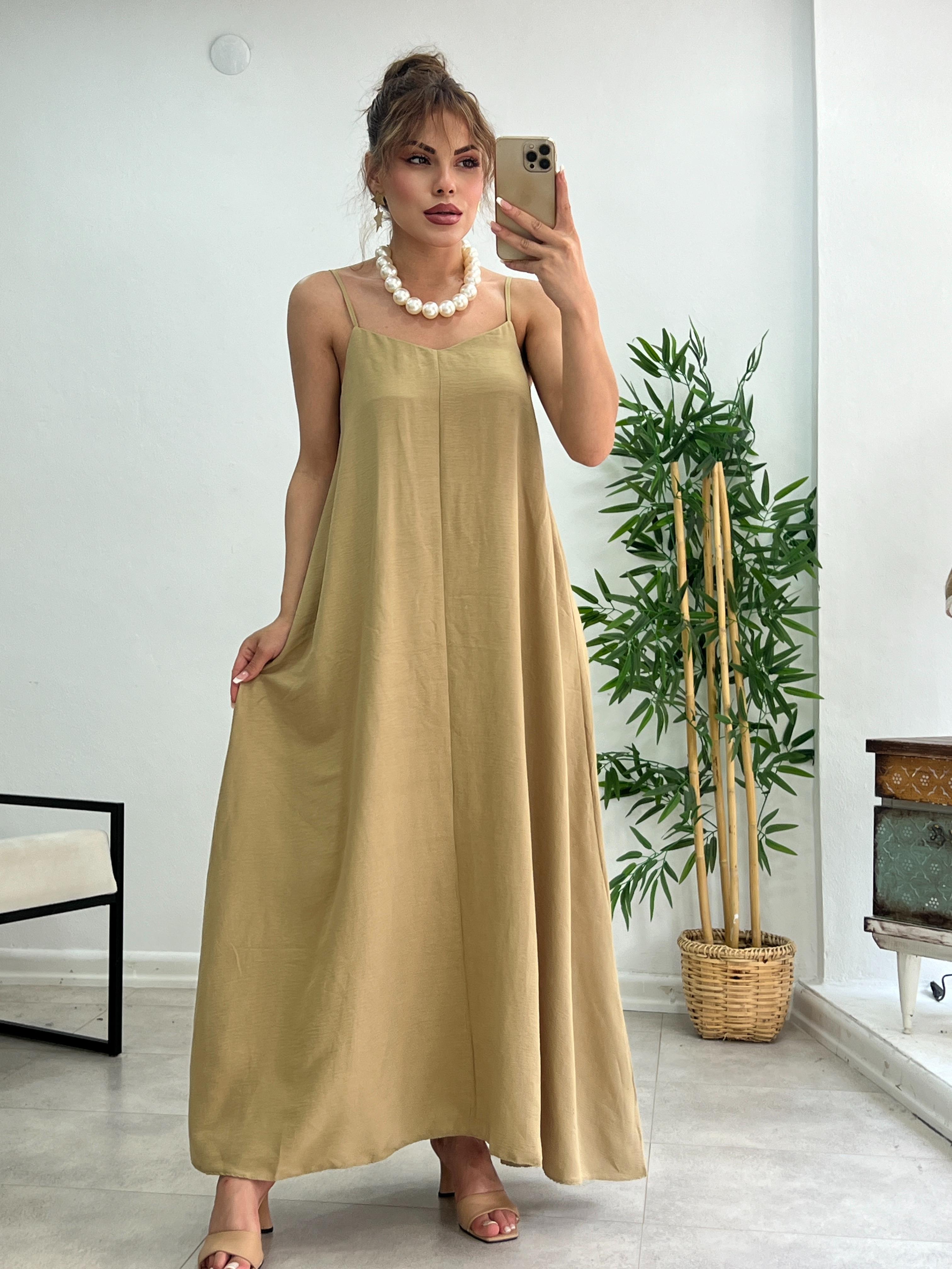 PREMİUM SERİ BASİC SALAŞ TENSEL ELBİSE OLİV 