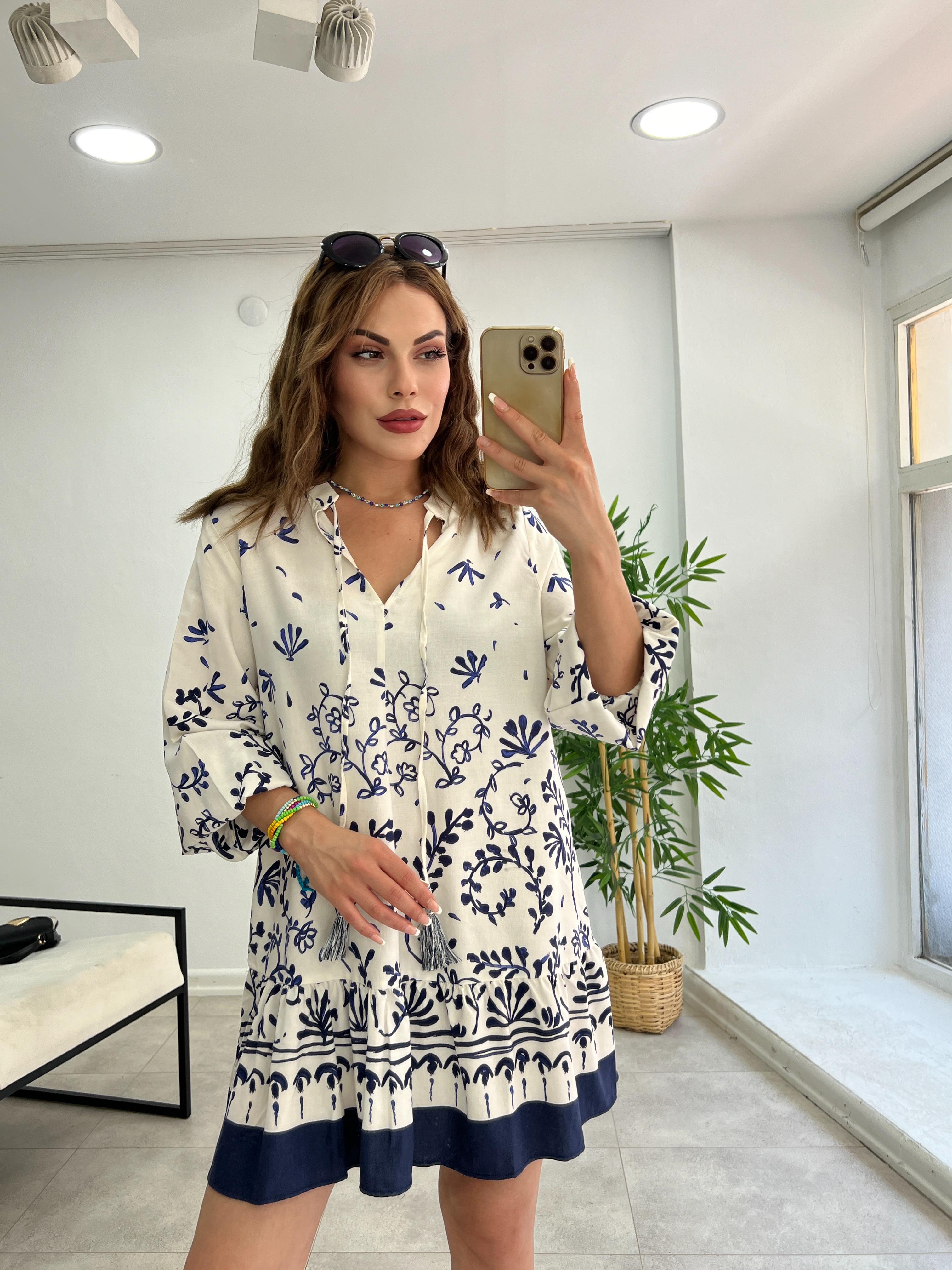 PREMİUM SERİ HAM KETEN NATURAL BOHEM ELBİSE