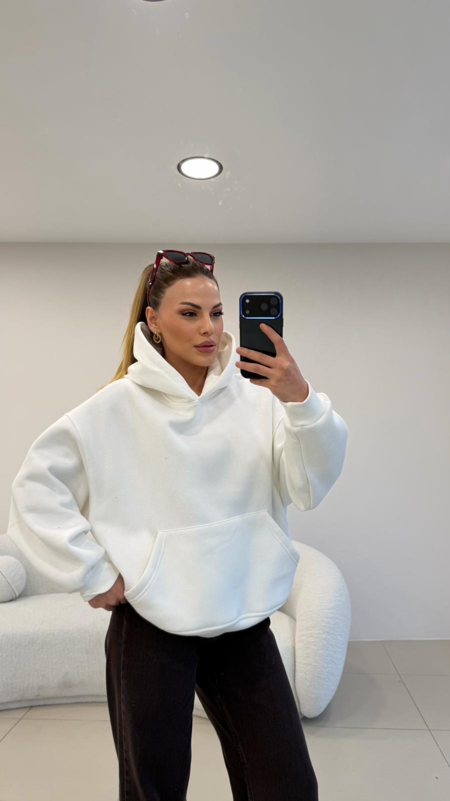 PREMİUM SERİ KAPŞONLU 3 İPLİK SWEAT BEYAZ
