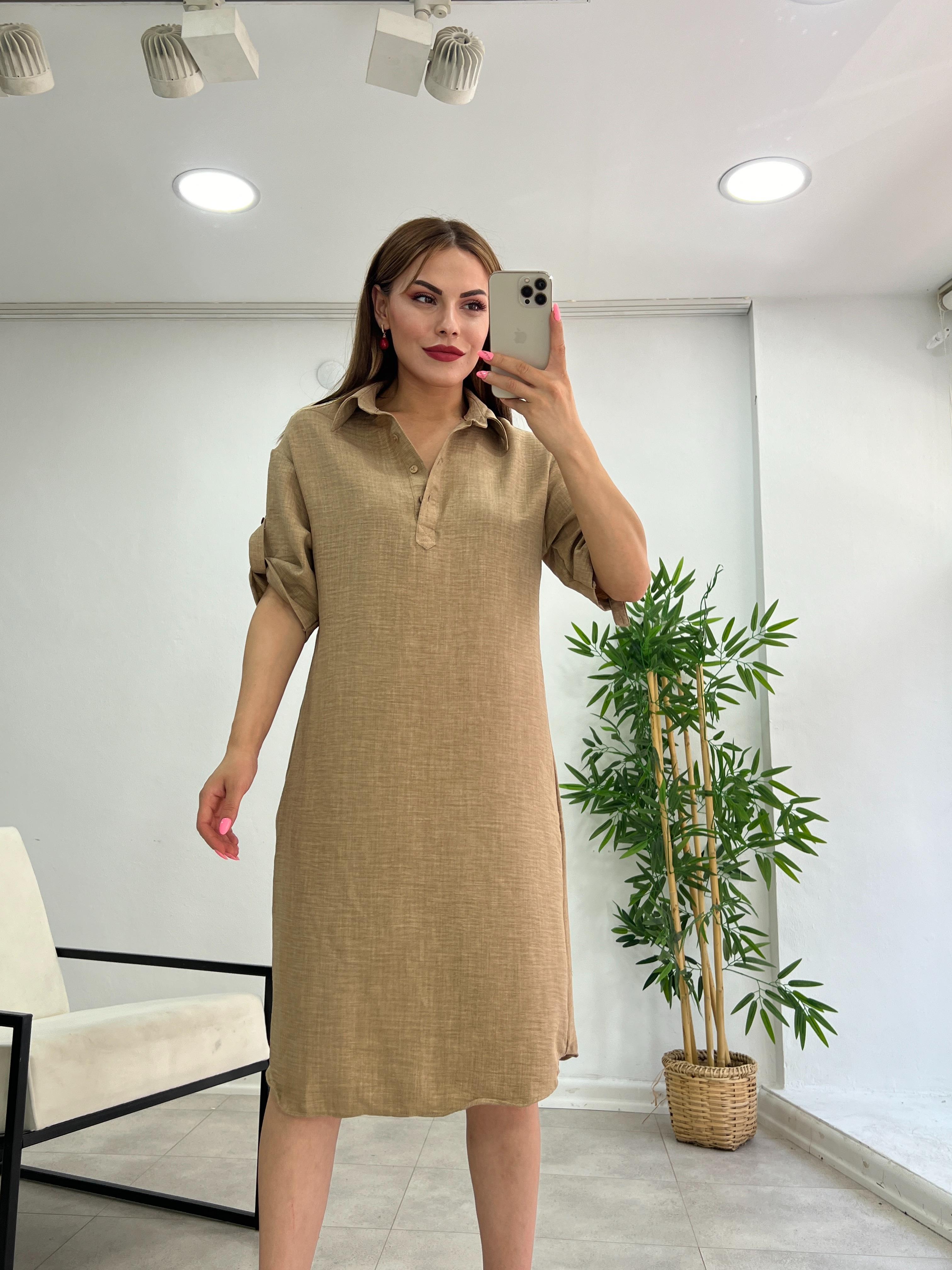 PREMİUM SERİ MİDİ BOY KETEN ELBİSE CAMELİ