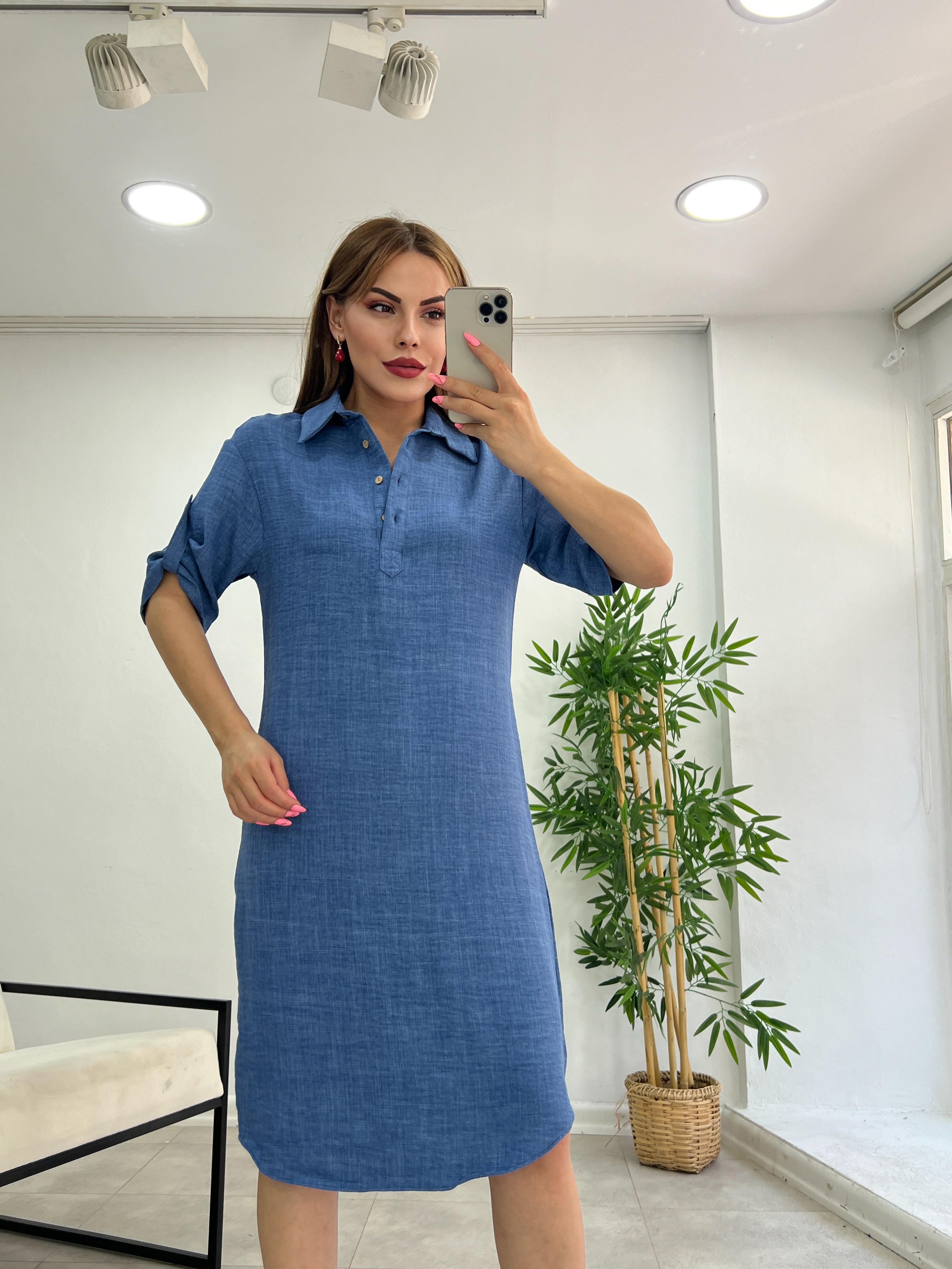 PREMİUM SERİ MİDİ BOY KETEN ELBİSE MAVİ