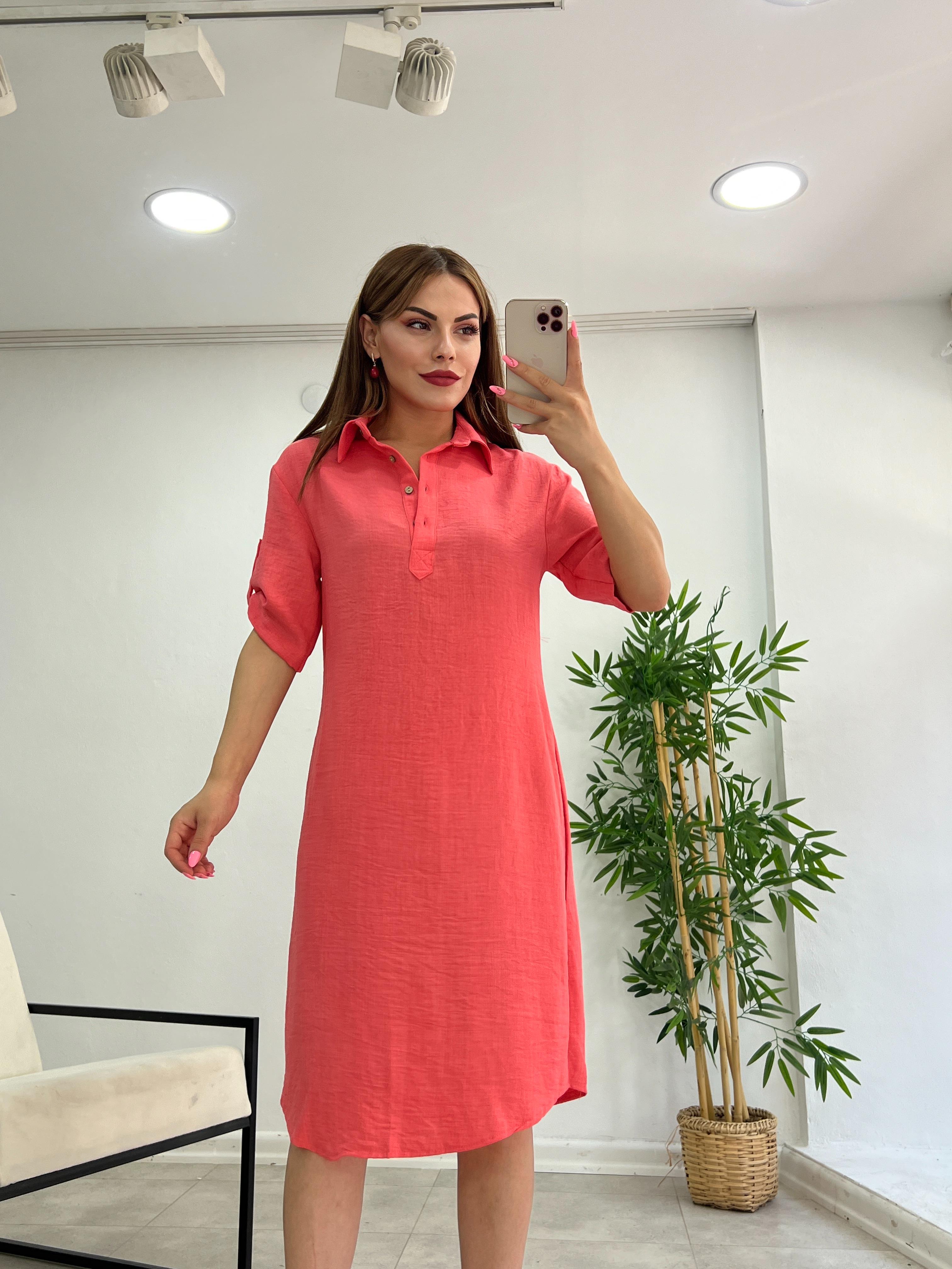 PREMİUM SERİ MİDİ BOY KETEN ELBİSE TOZ PEMBE 