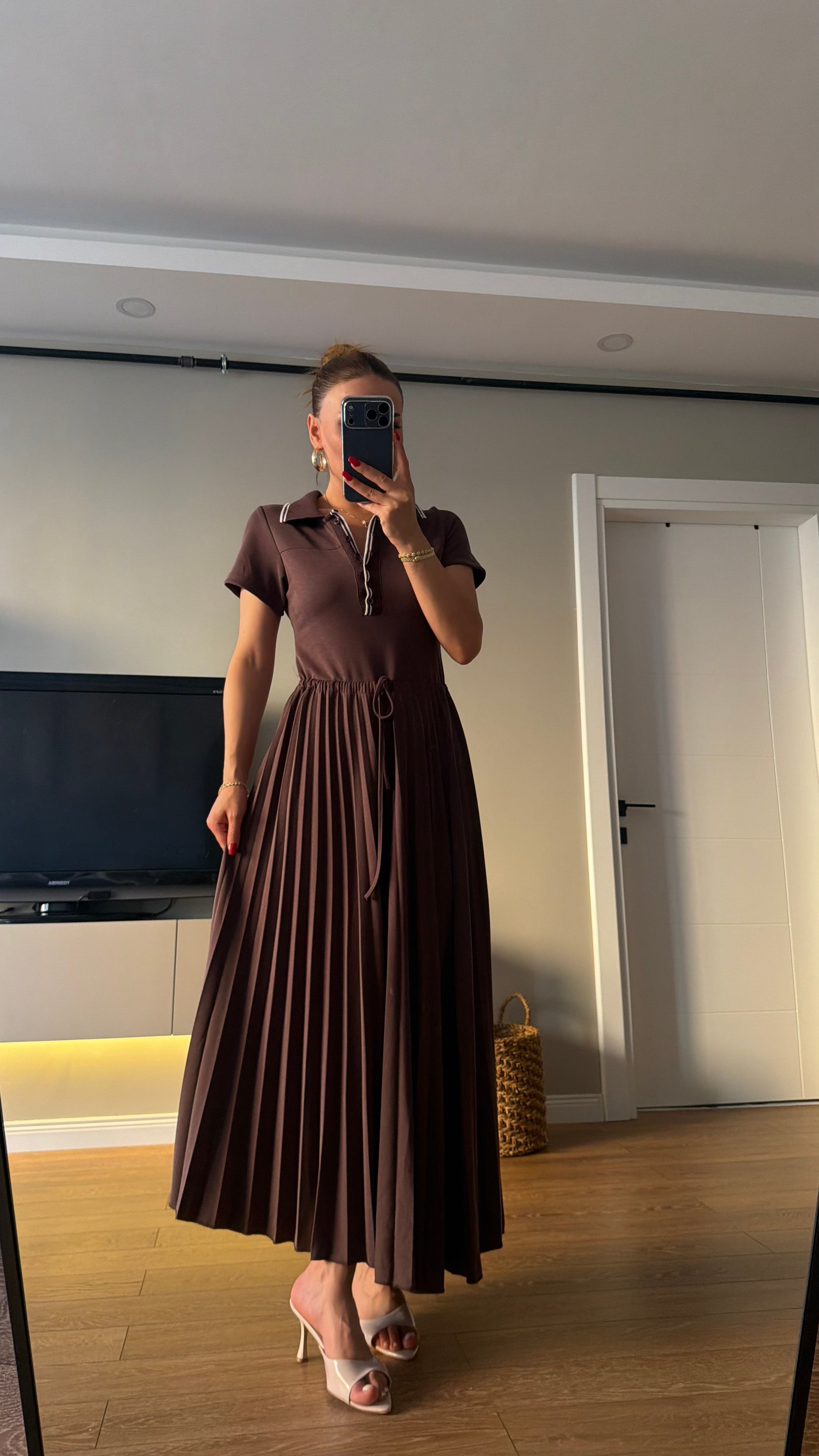 Premium Seri Pileli Bel Bağlamalı Modal Elbise Kahve