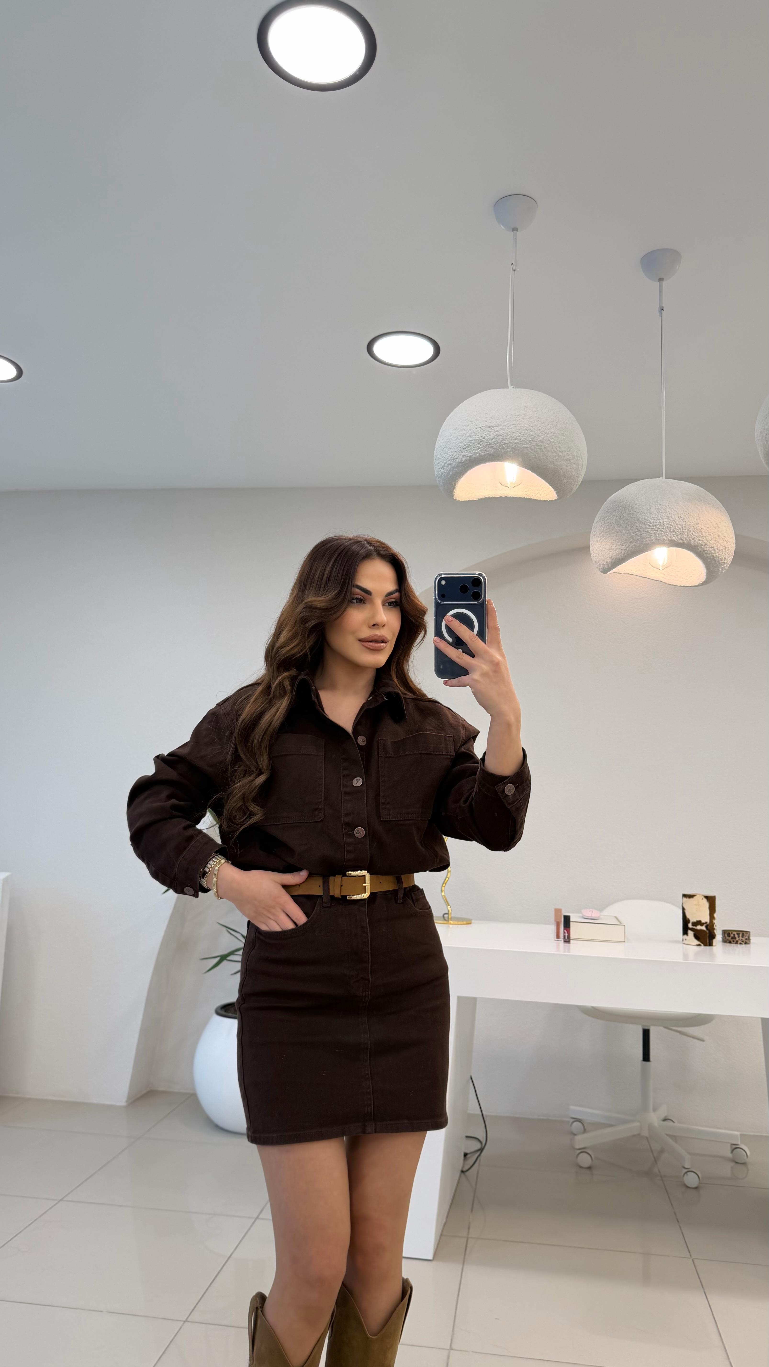 PREMİUM SERİ RELAX DENİM KEMERLİ  ELBİSE ACI KAHVE