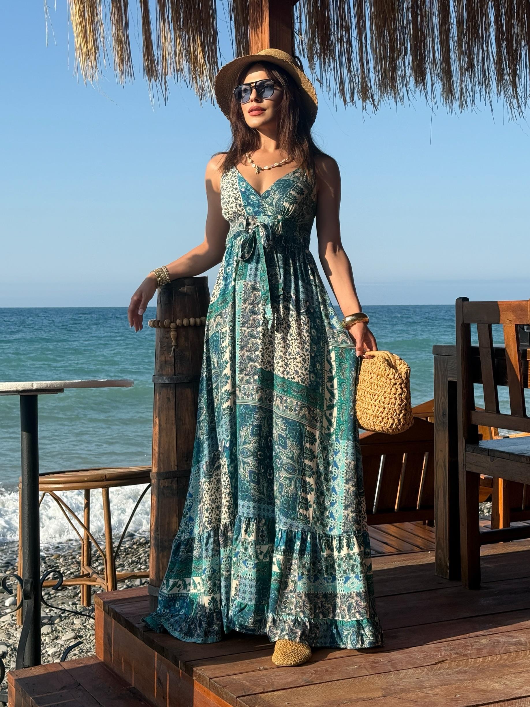 ŞAL DESEN İP ASKILI ELBİSE  MAVİ