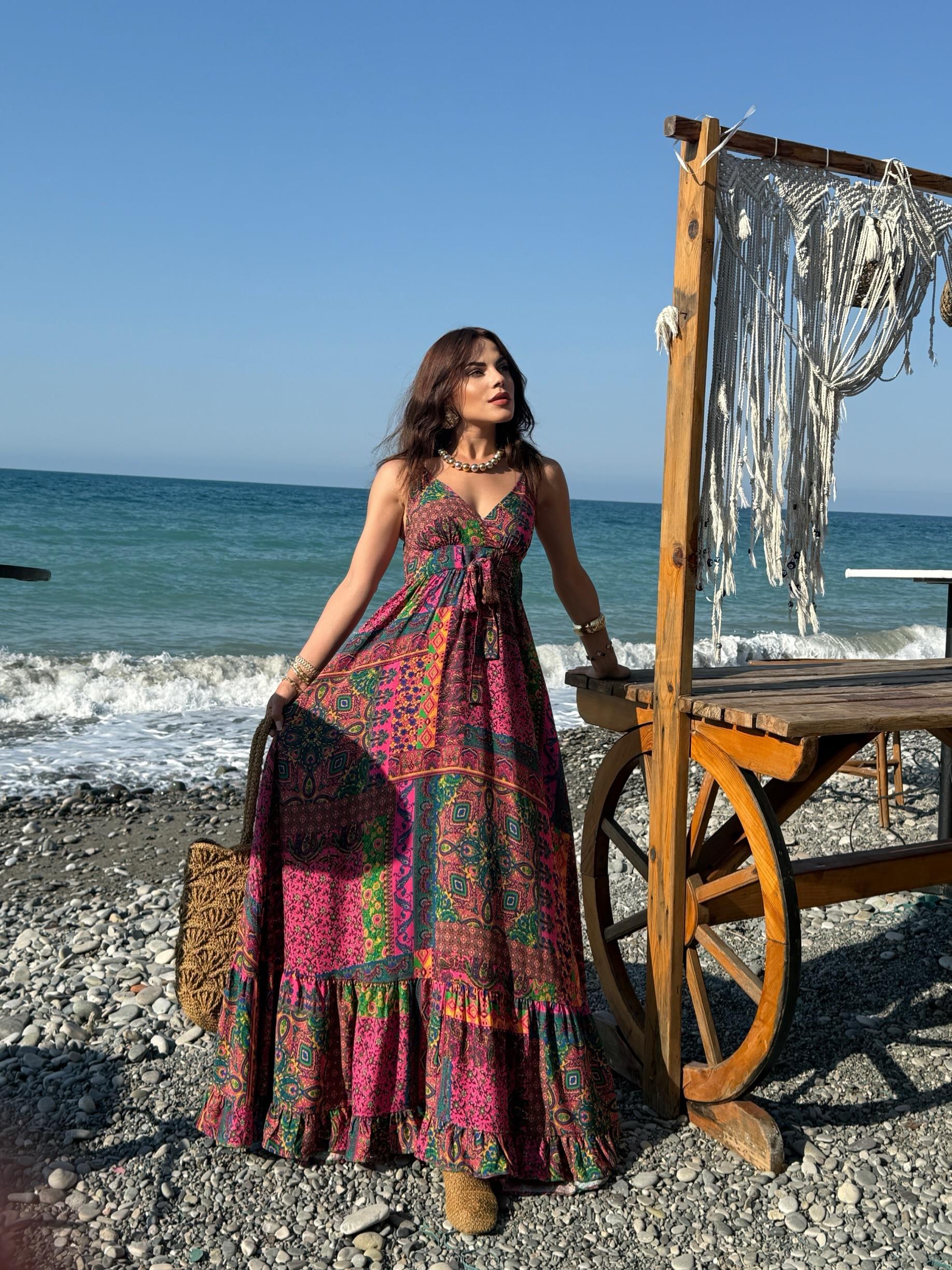 ŞAL DESEN İP ASKILI ELBİSE  PEMBE