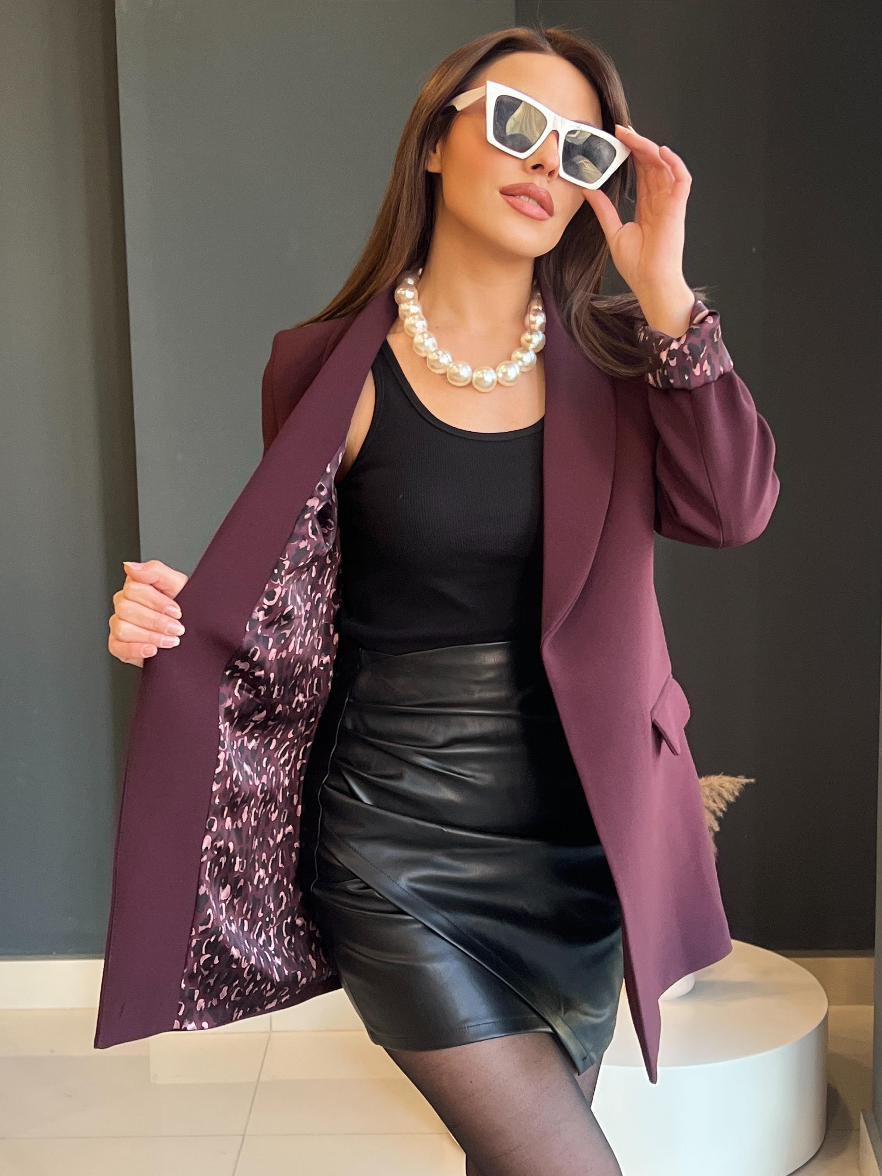 ŞAL YAKA LEOPAR ASTARLI CEKET BORDO