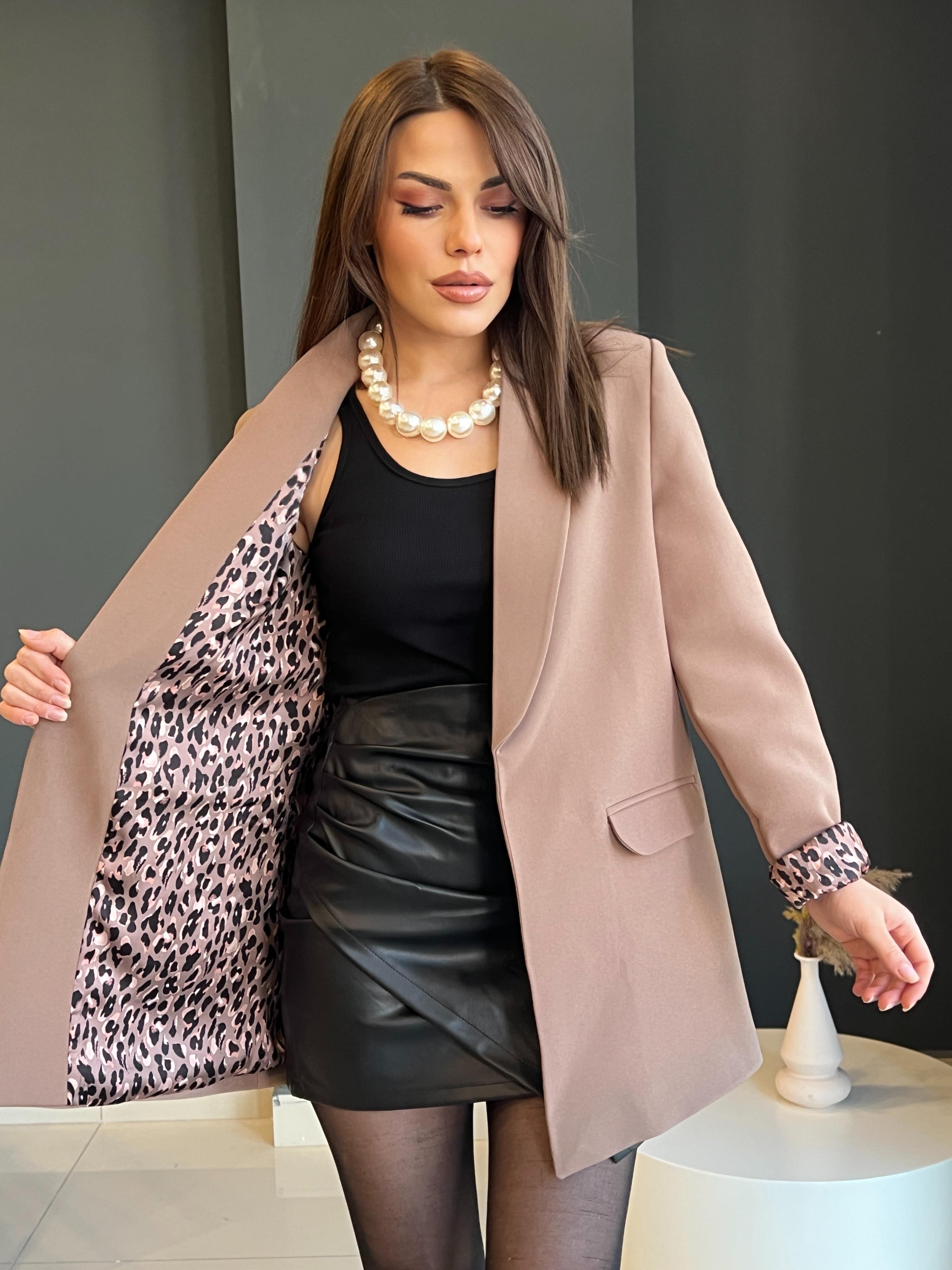 ŞAL YAKA LEOPAR ASTARLI CEKET VİZON